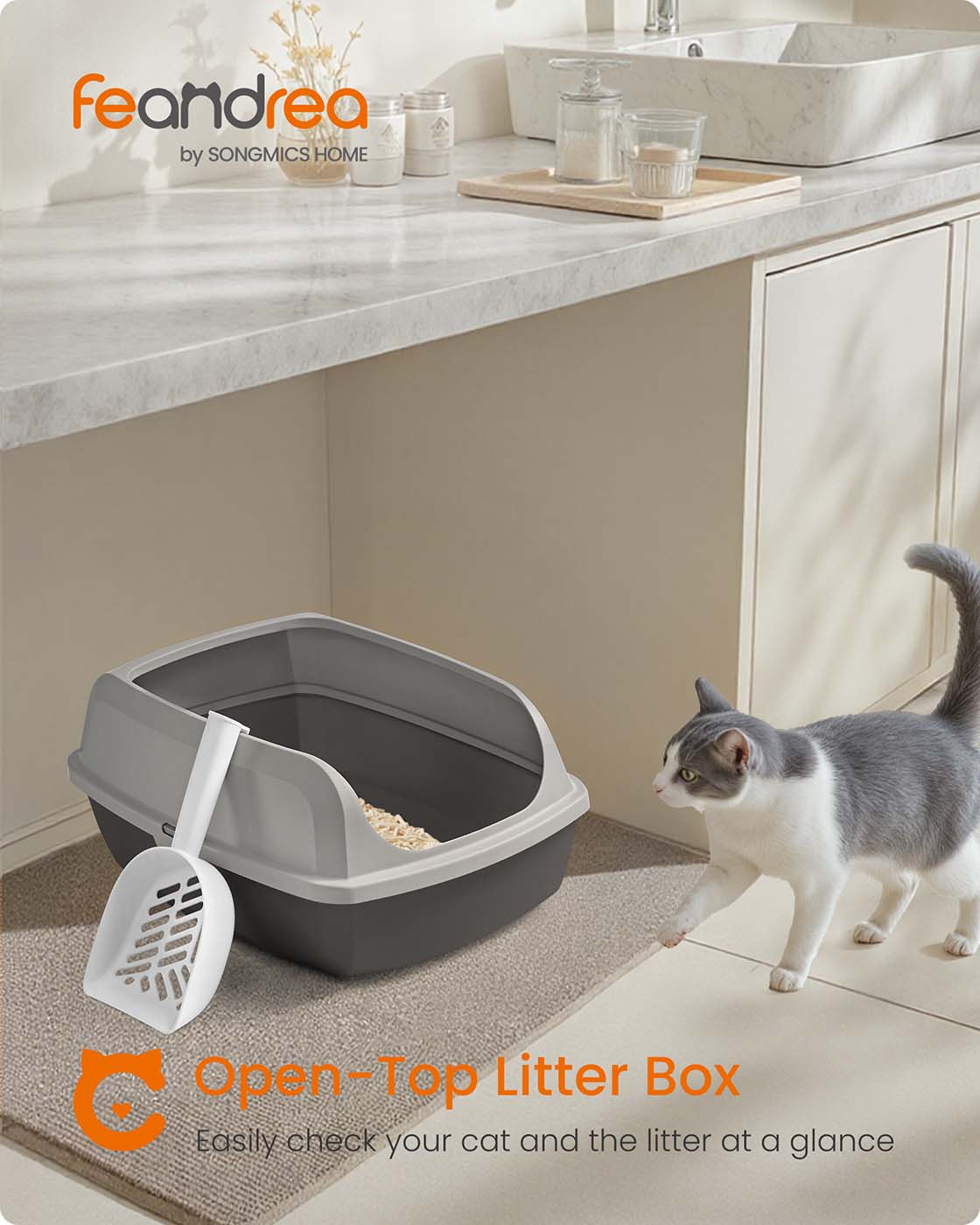 Open Top Litter Box - Plastic - Slate Grey - High Sided with Scoop for Large Cats and Kittens