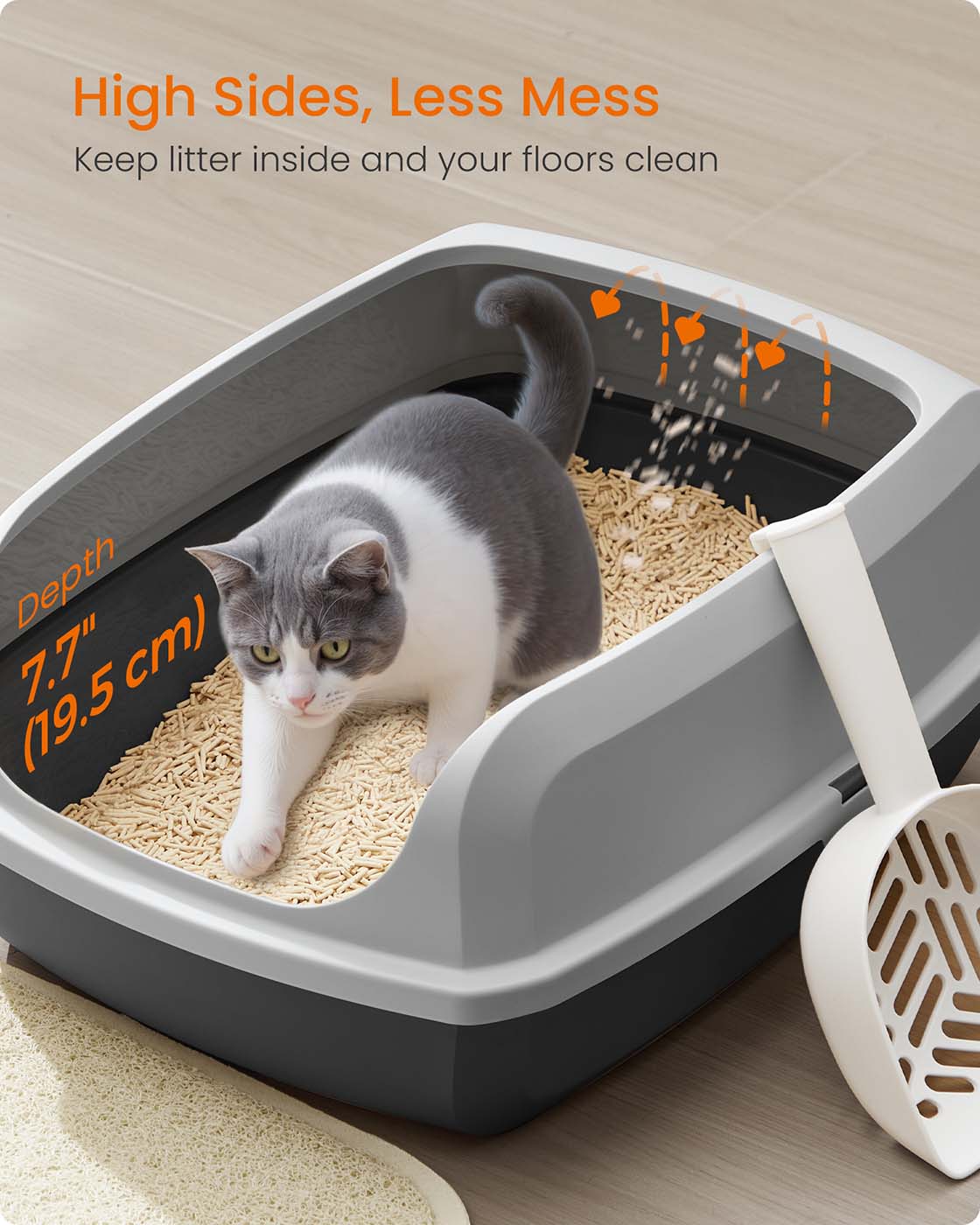 Open Top Litter Box - Plastic - Slate Grey - High Sided with Scoop for Large Cats and Kittens