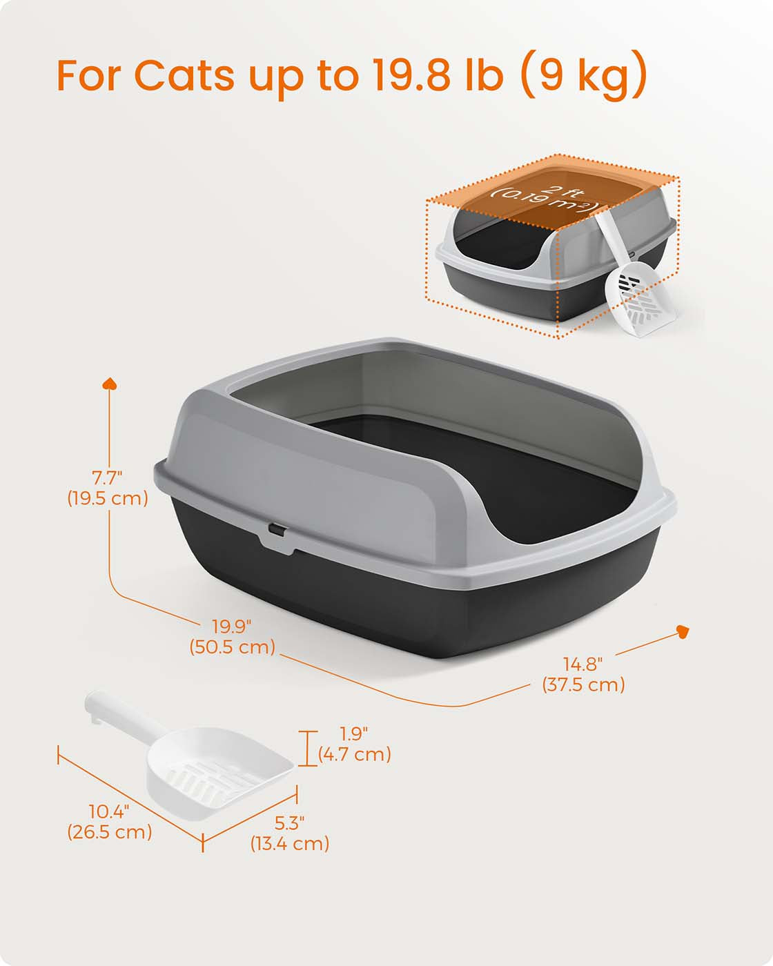 Open Top Litter Box - Plastic - Slate Grey - High Sided with Scoop for Large Cats and Kittens