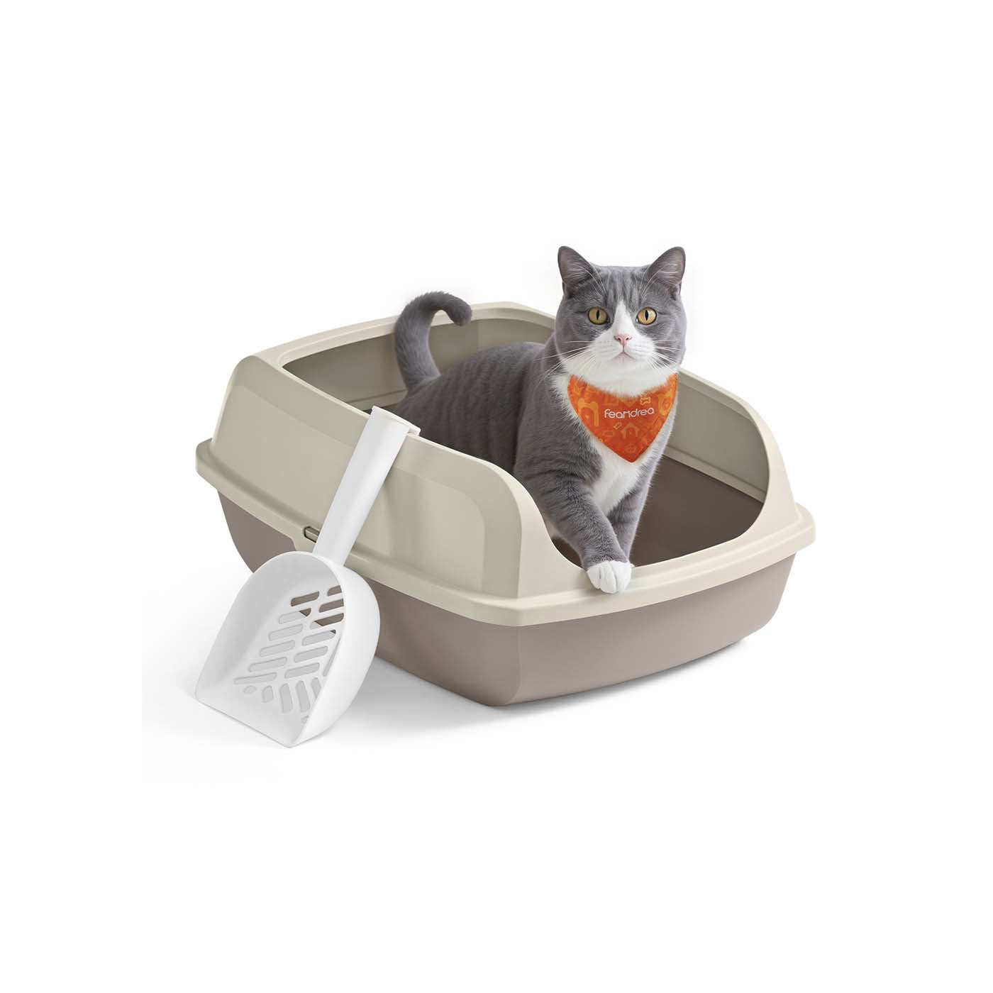 Open Top Litter Box - Plastic - Slate Grey - High Sided with Scoop for Large Cats and Kittens