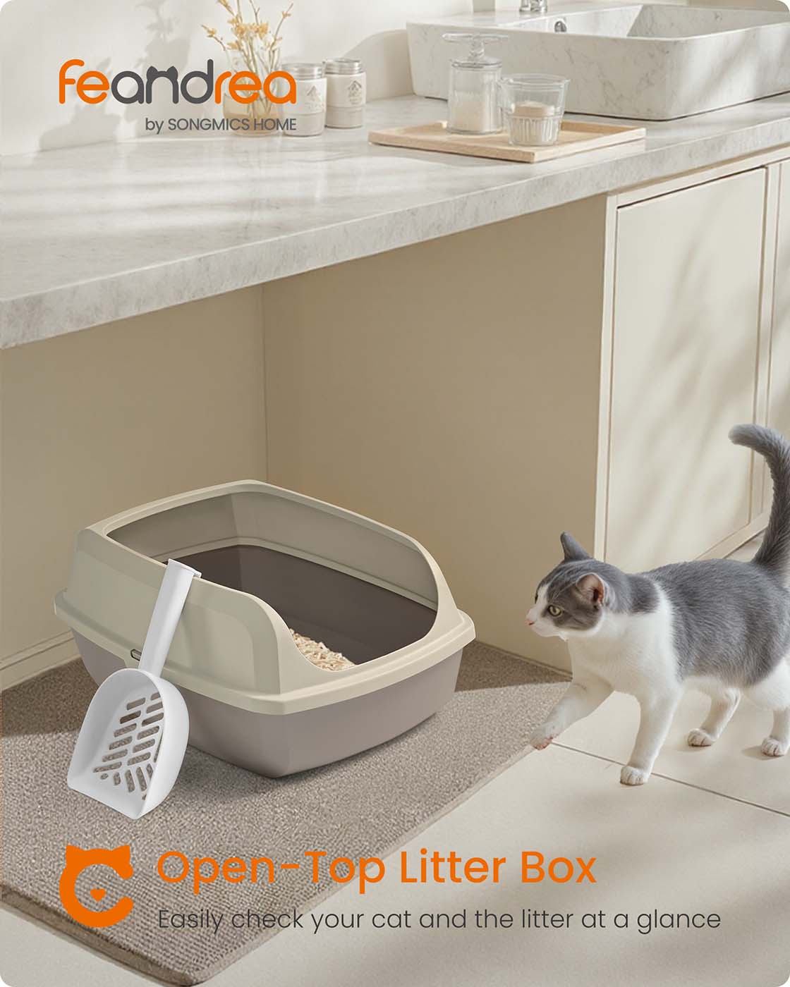Open Top Litter Box - Plastic - Slate Grey - High Sided with Scoop for Large Cats and Kittens
