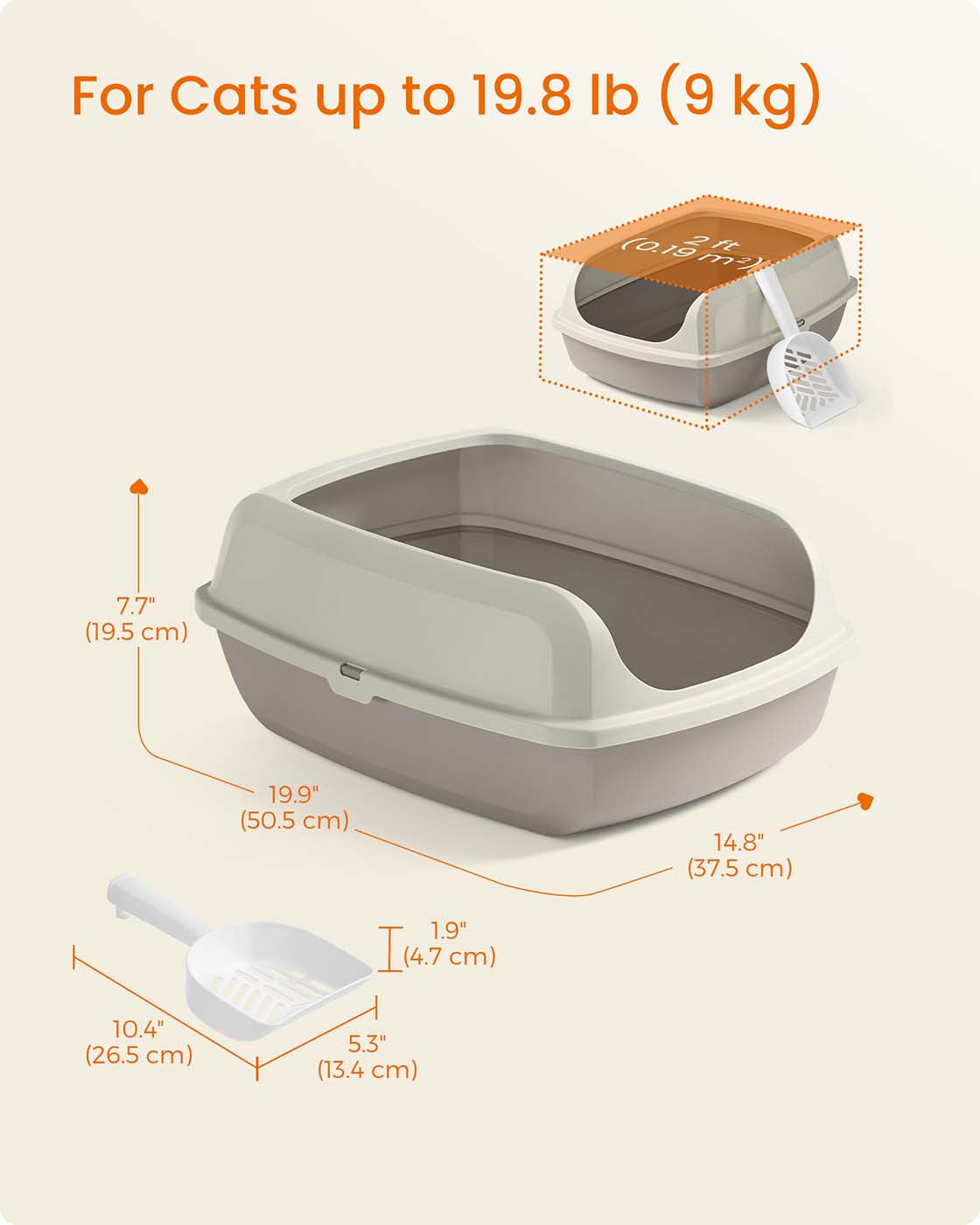 Open Top Litter Box - Plastic - Slate Grey - High Sided with Scoop for Large Cats and Kittens