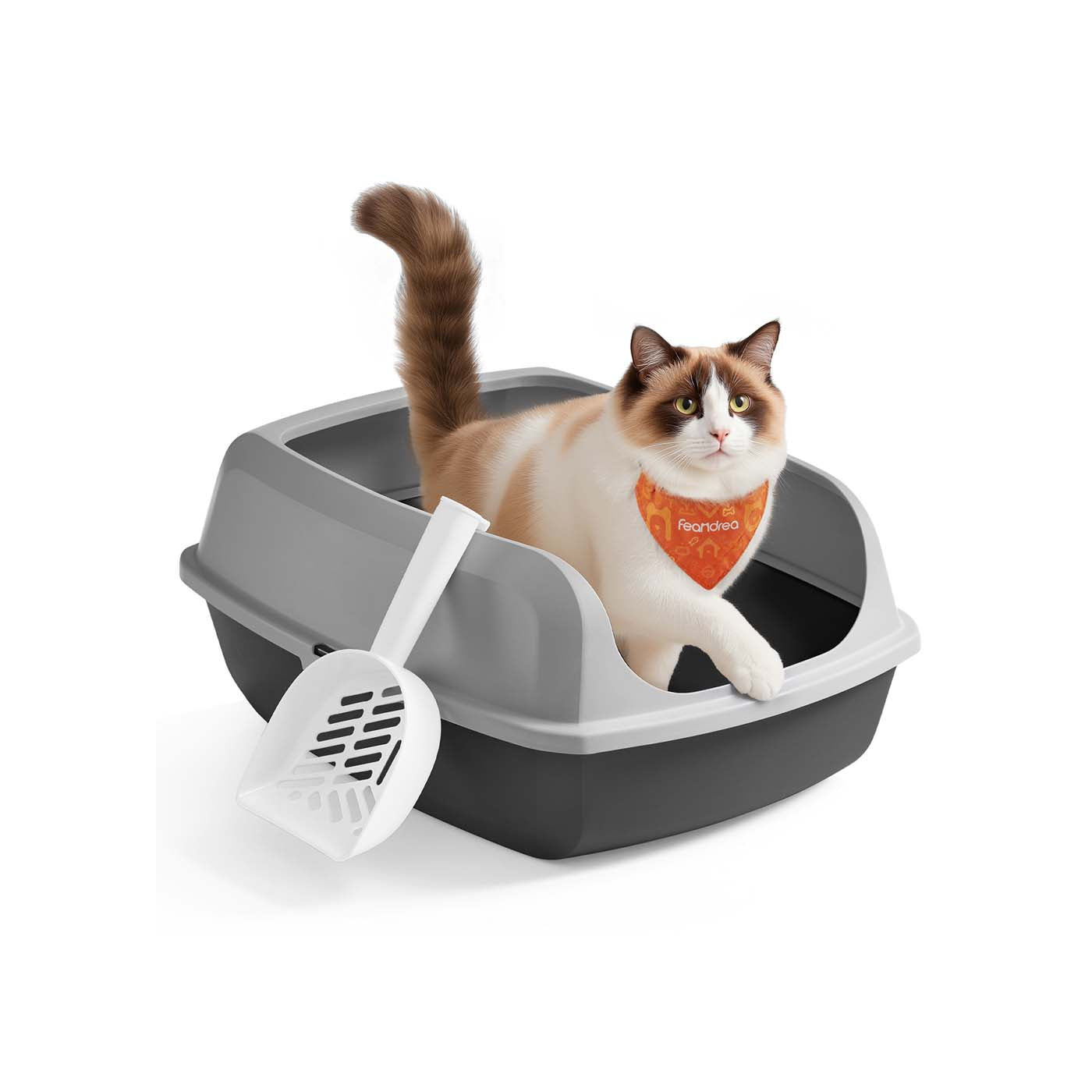 Open Top Litter Box - Plastic - Slate Grey - High Sided with Scoop for Large Cats and Kittens