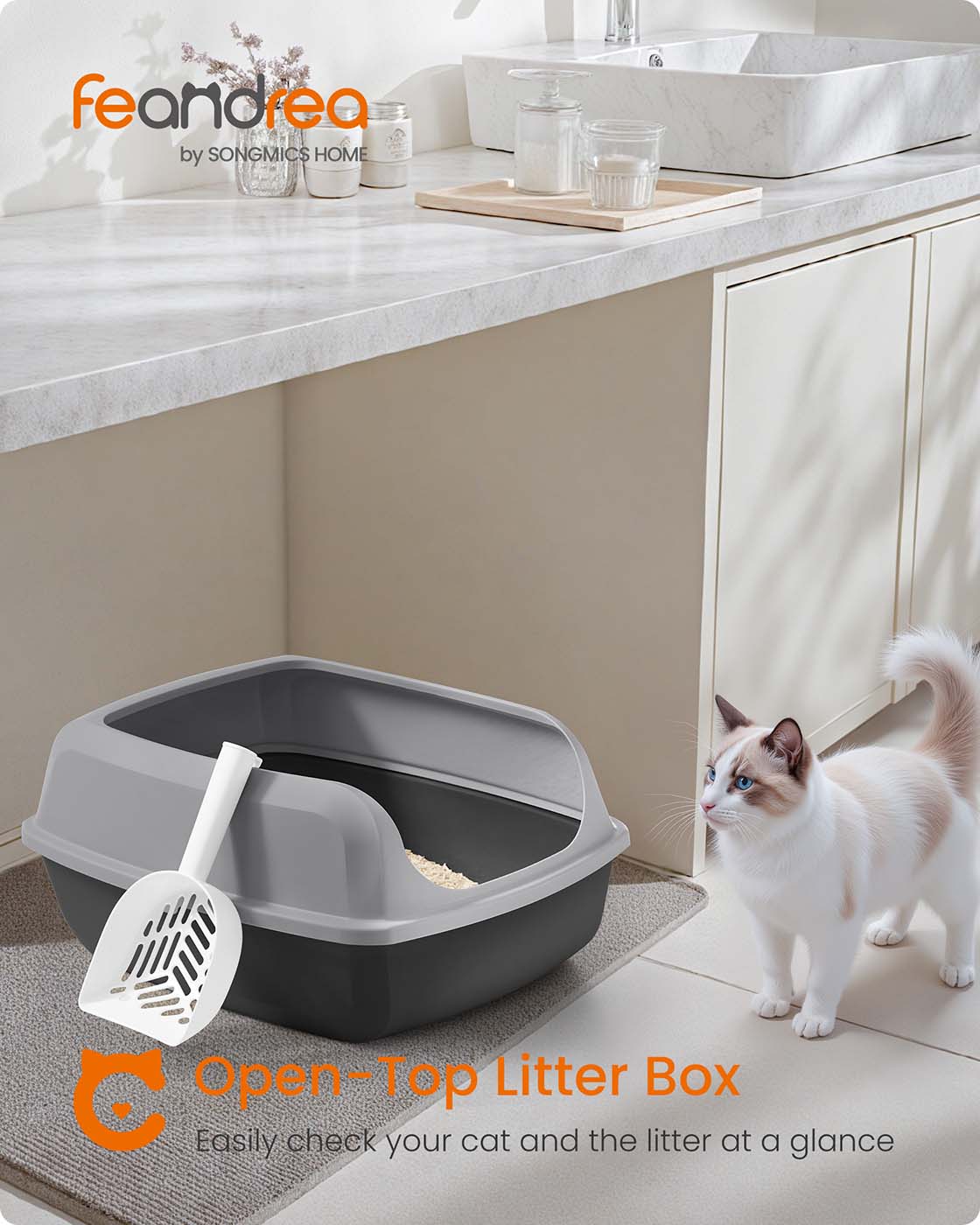 Open Top Litter Box - Plastic - Slate Grey - High Sided with Scoop for Large Cats and Kittens