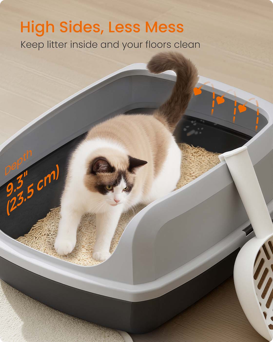 Open Top Litter Box - Plastic - Slate Grey - High Sided with Scoop for Large Cats and Kittens