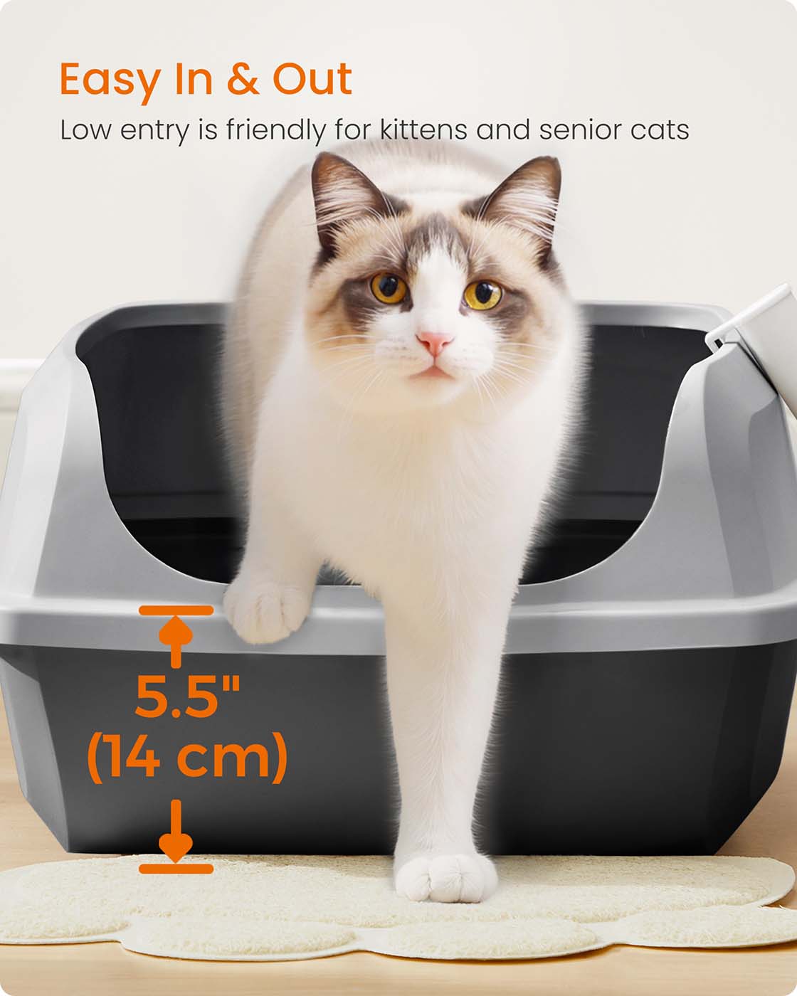 Open Top Litter Box - Plastic - Slate Grey - High Sided with Scoop for Large Cats and Kittens