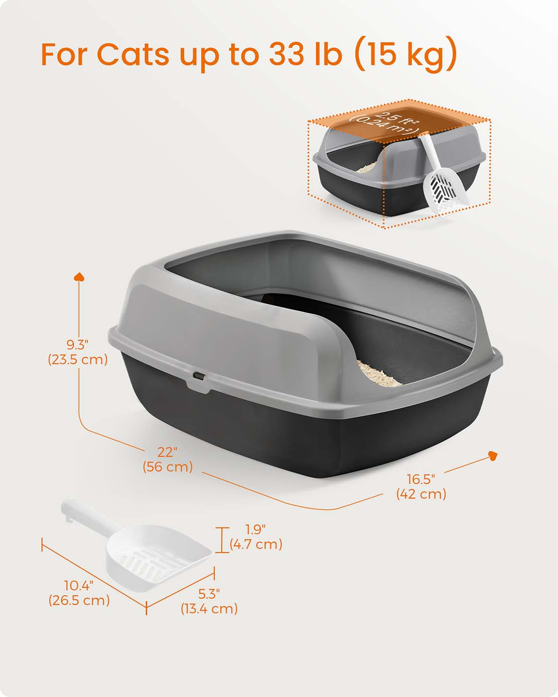 Open Top Litter Box - Plastic - Slate Grey - High Sided with Scoop for Large Cats and Kittens