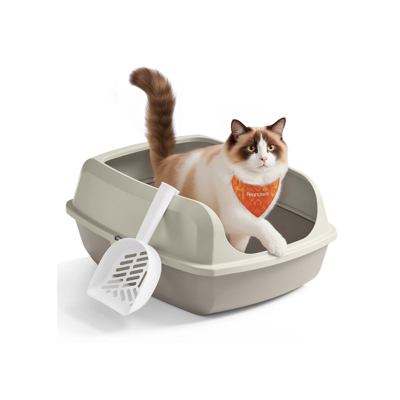 Open Top Litter Box - Plastic - Slate Grey - High Sided with Scoop for Large Cats and Kittens