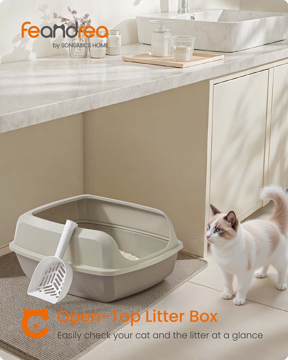 Open Top Litter Box - Plastic - Slate Grey - High Sided with Scoop for Large Cats and Kittens