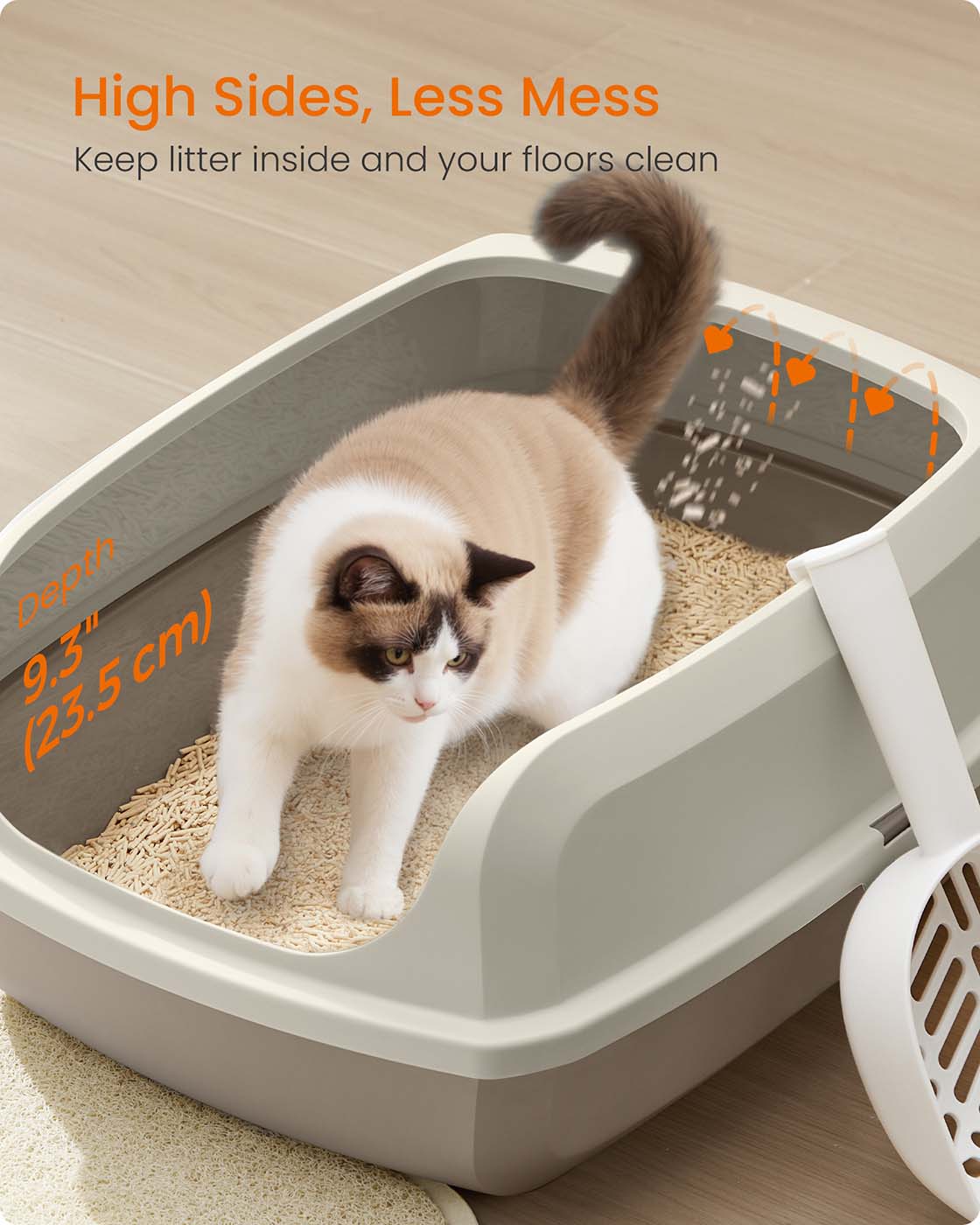 Open Top Litter Box - Plastic - Slate Grey - High Sided with Scoop for Large Cats and Kittens