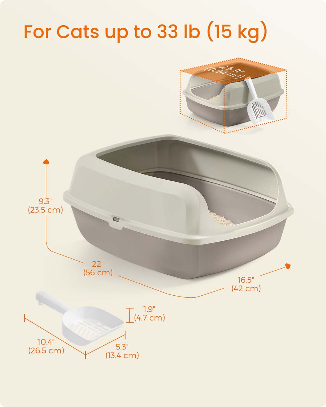 Open Top Litter Box - Plastic - Slate Grey - High Sided with Scoop for Large Cats and Kittens