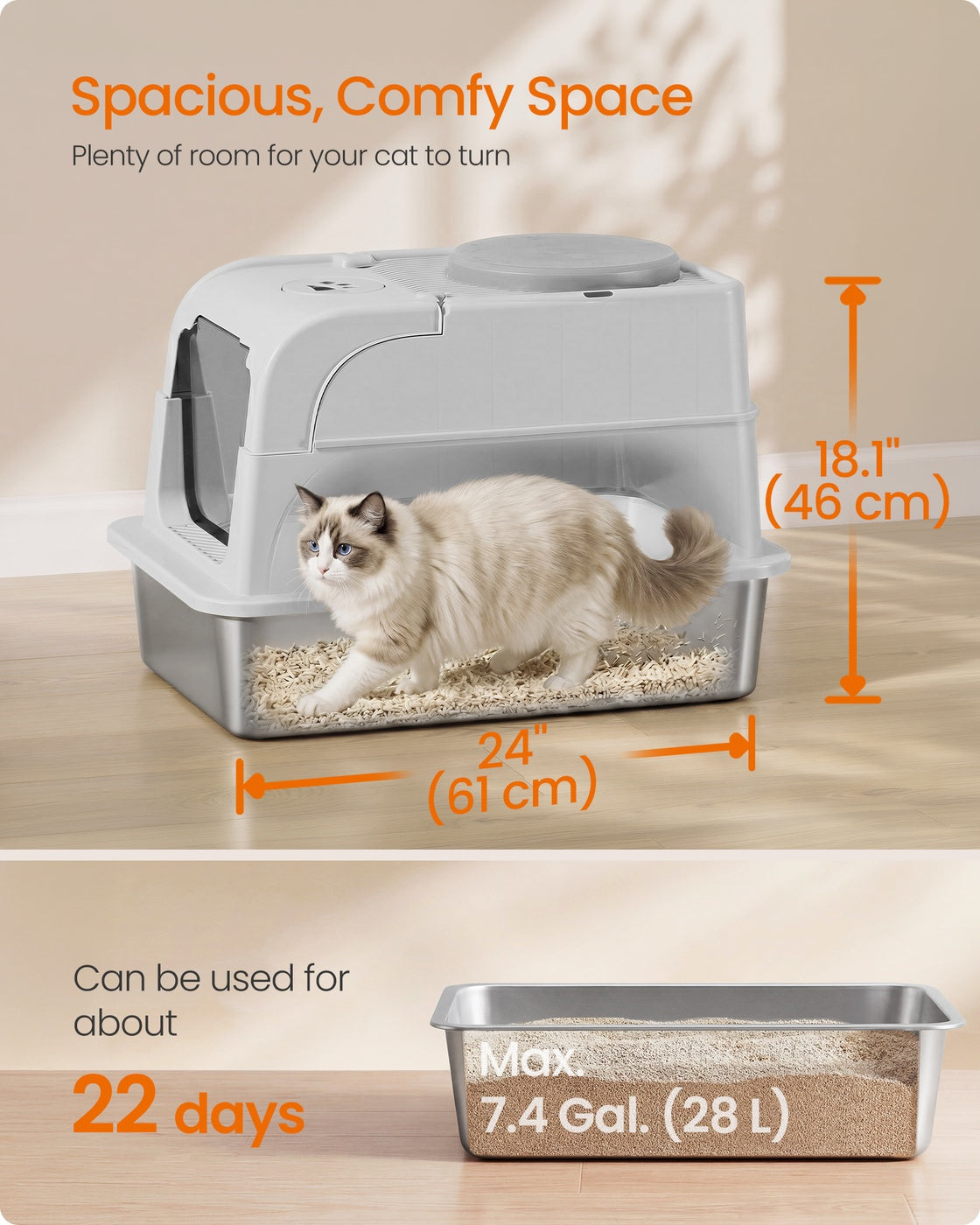 Cat Litter Box - Light Grey - 61 x 41 x 46 cm
