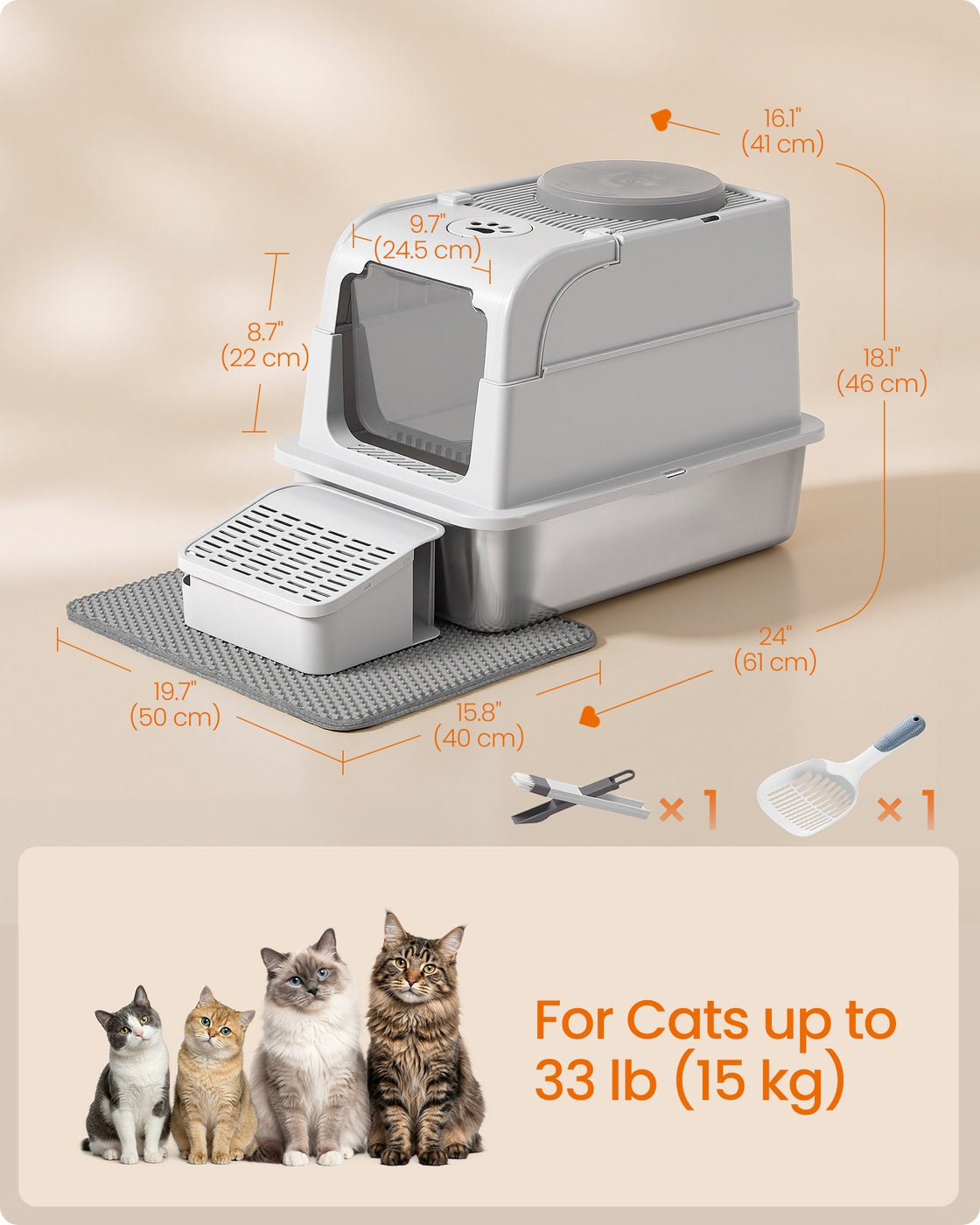 Cat Litter Box - Light Grey - 61 x 41 x 46 cm
