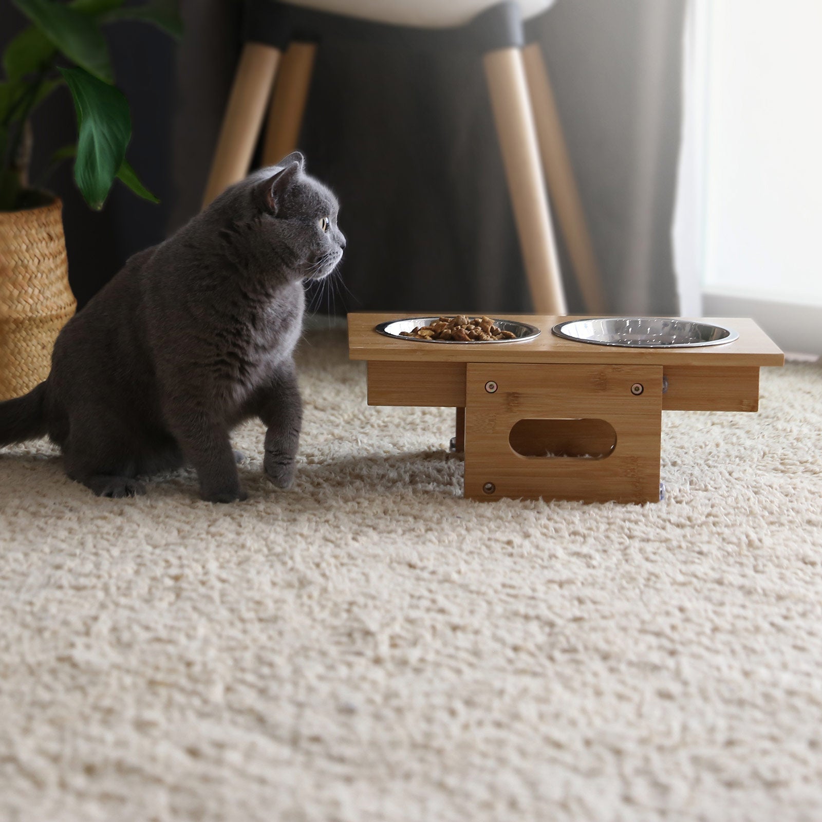 Elevated Dog Food Stand - Bamboo - Natural - Adjustable with 2 Raised Bowls