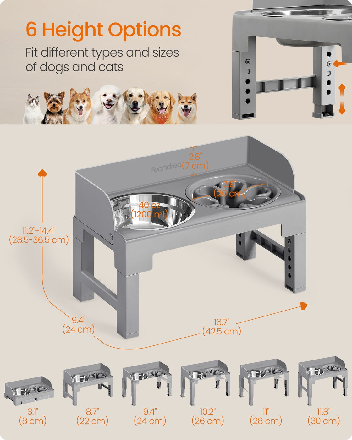 Raised Dog Bowls Stand - 2 Bowls - Stainless Steel - Adjustable Height