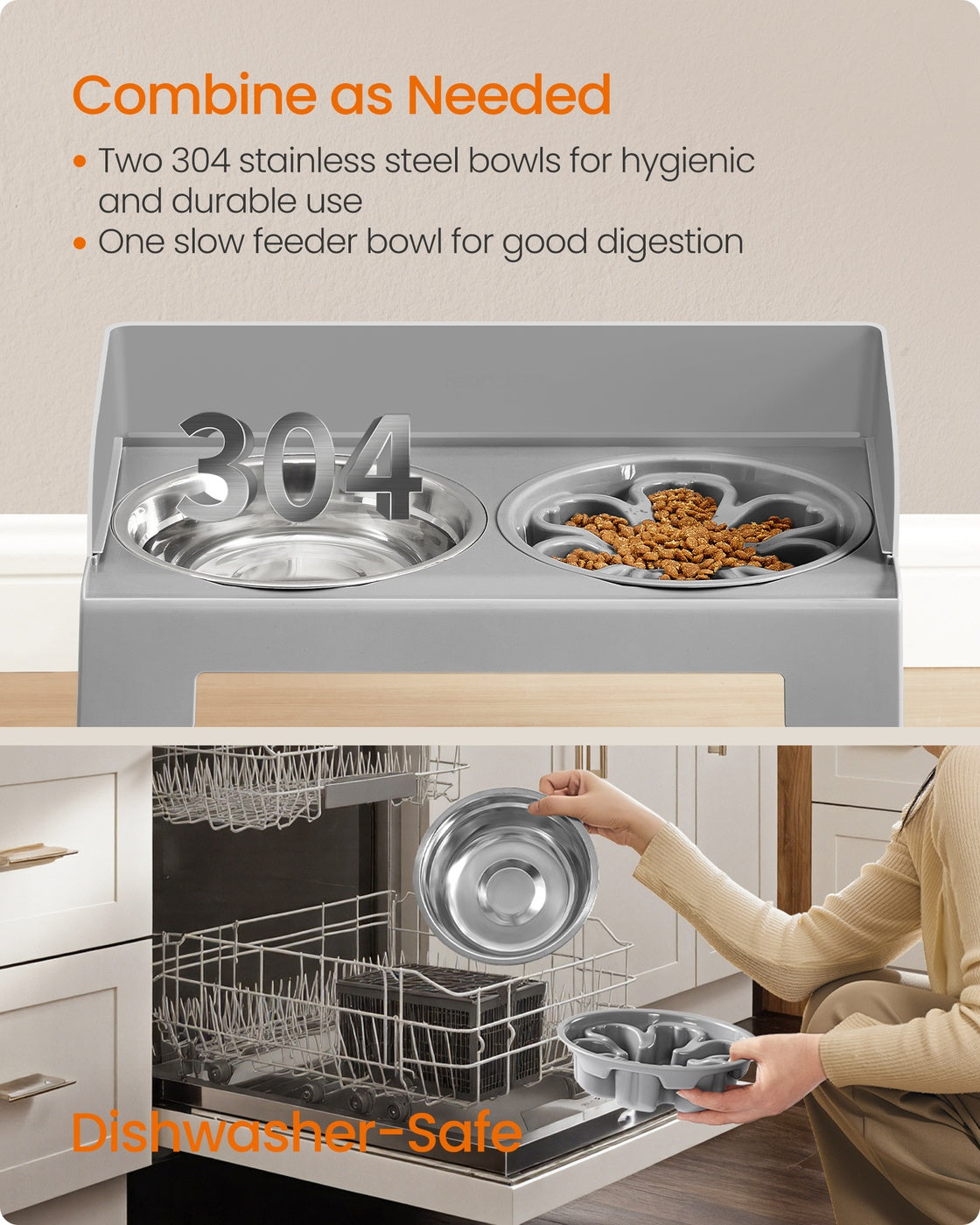 Raised Dog Bowls Stand - 2 Bowls - Stainless Steel - Adjustable Height