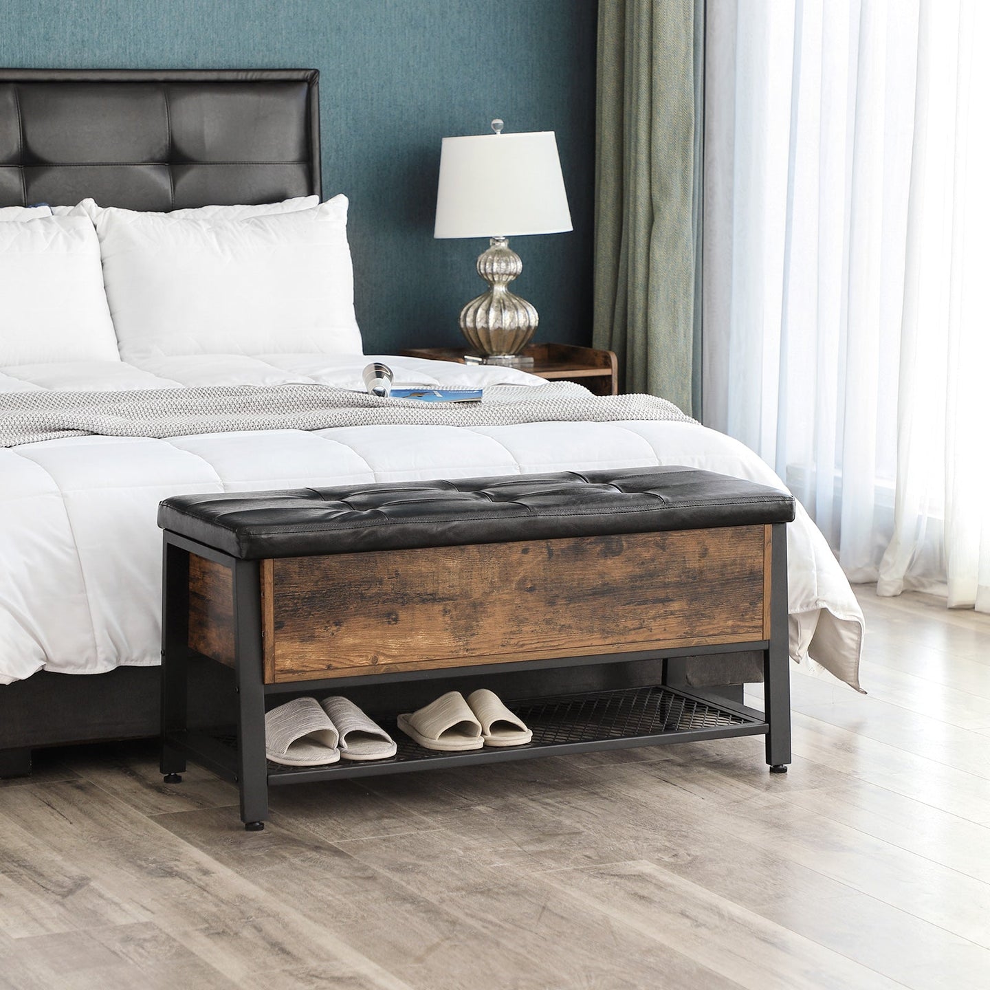 Padded Seat Storage Bench - Iron Frame - Multifunctional Shoe Shelf