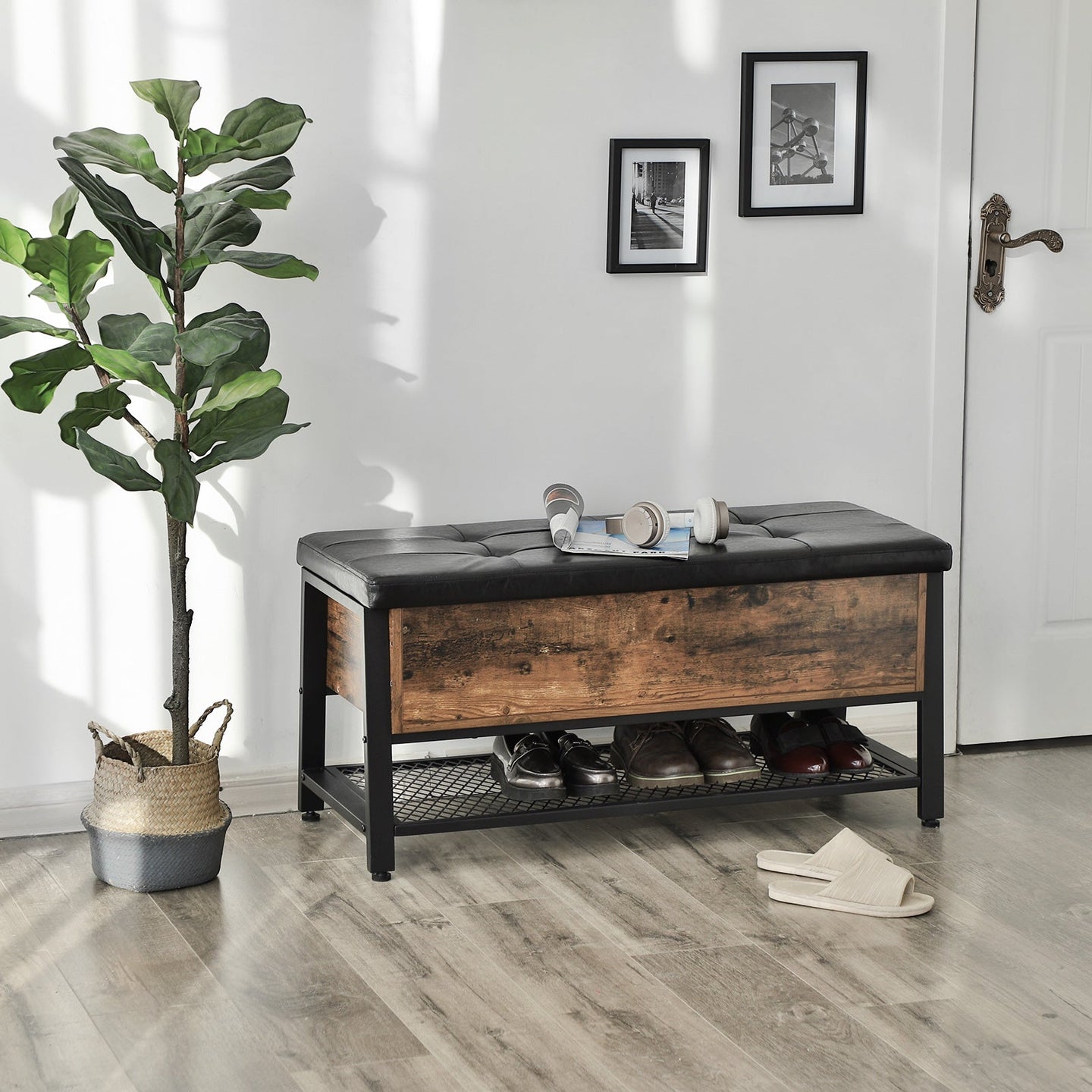 Padded Seat Storage Bench - Iron Frame - Multifunctional Shoe Shelf