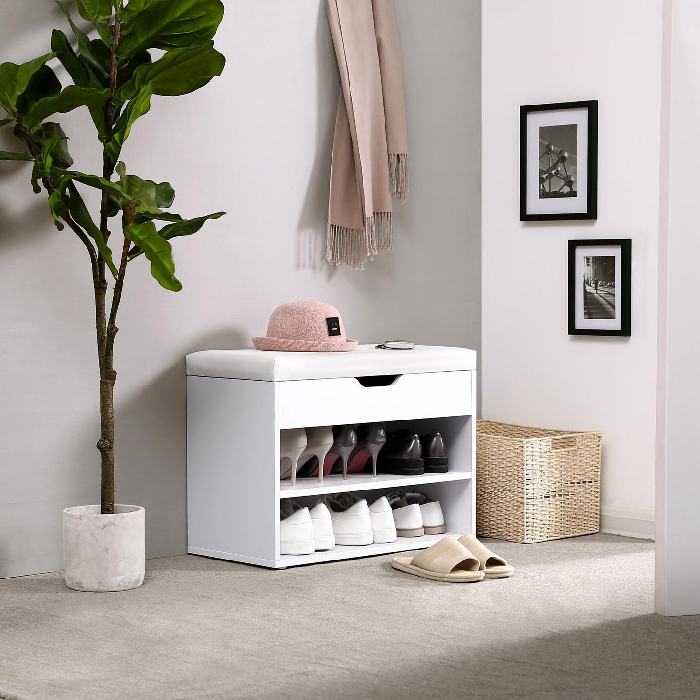 Shoe Storage Bench - Engineered Wood - White - Padded Folding Seat with 2 Shelves