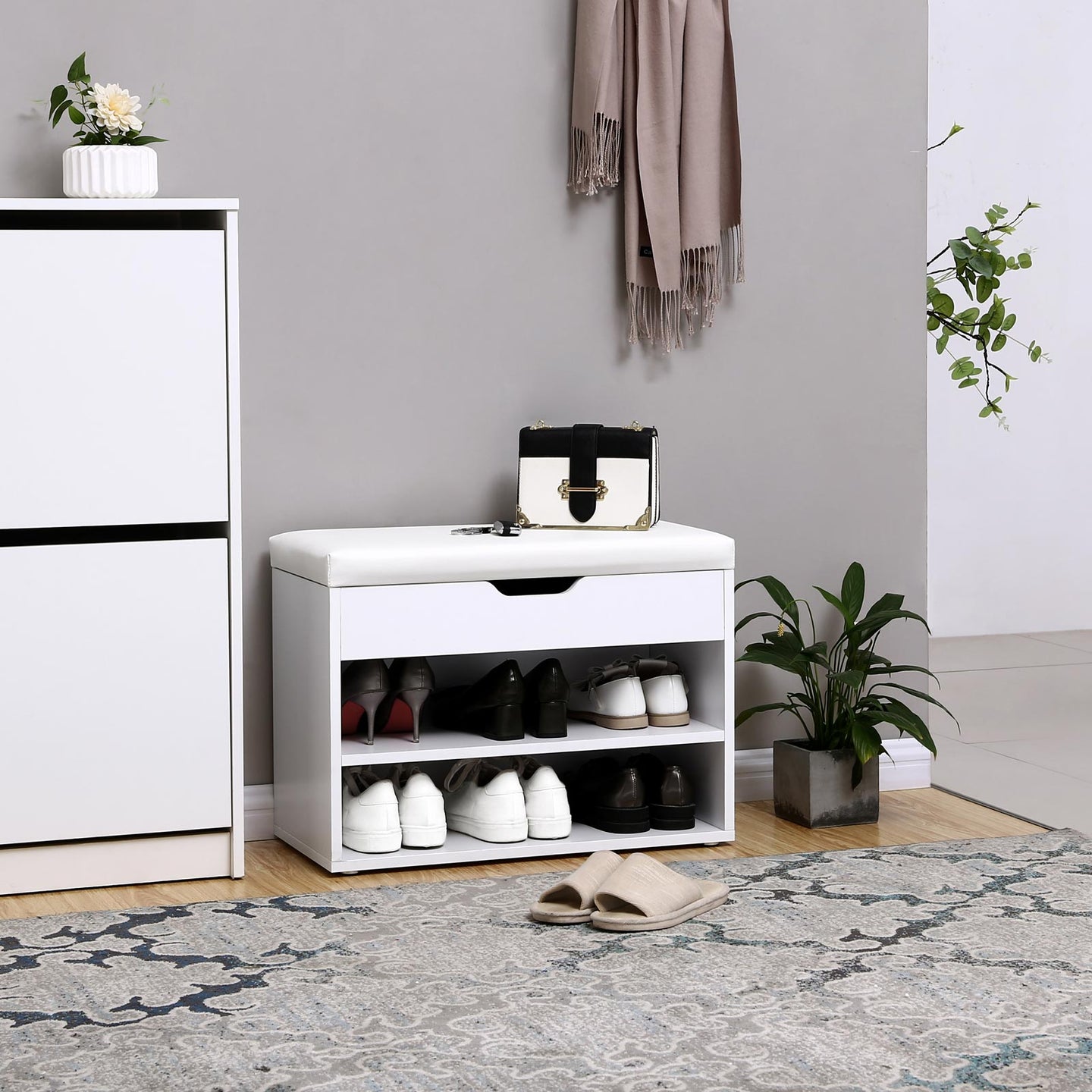 Shoe Storage Bench - Engineered Wood - White - Padded Folding Seat with 2 Shelves