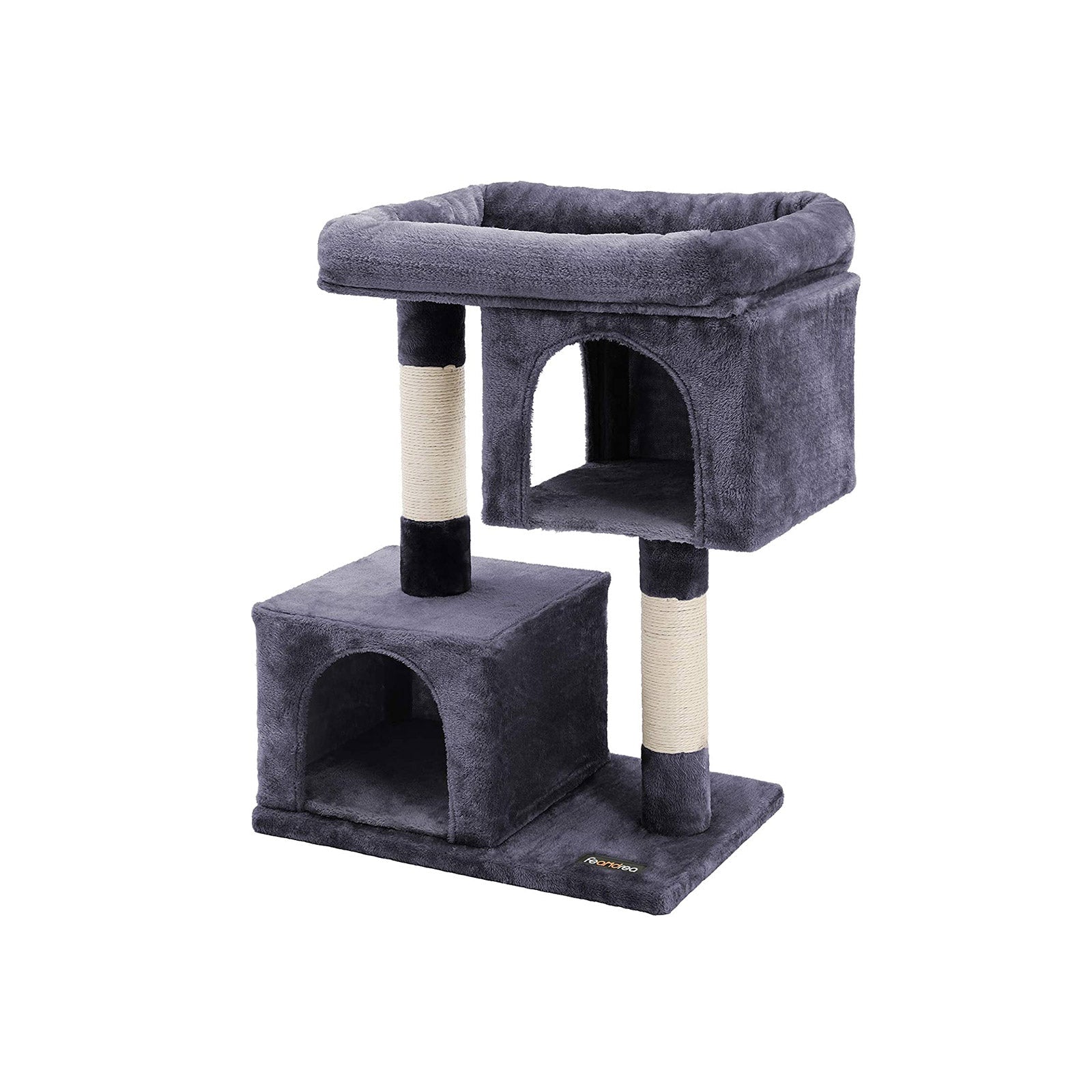 Cat Tree - Engineered Wood - Light Grey - Features Two Cat Caves and Large Perch