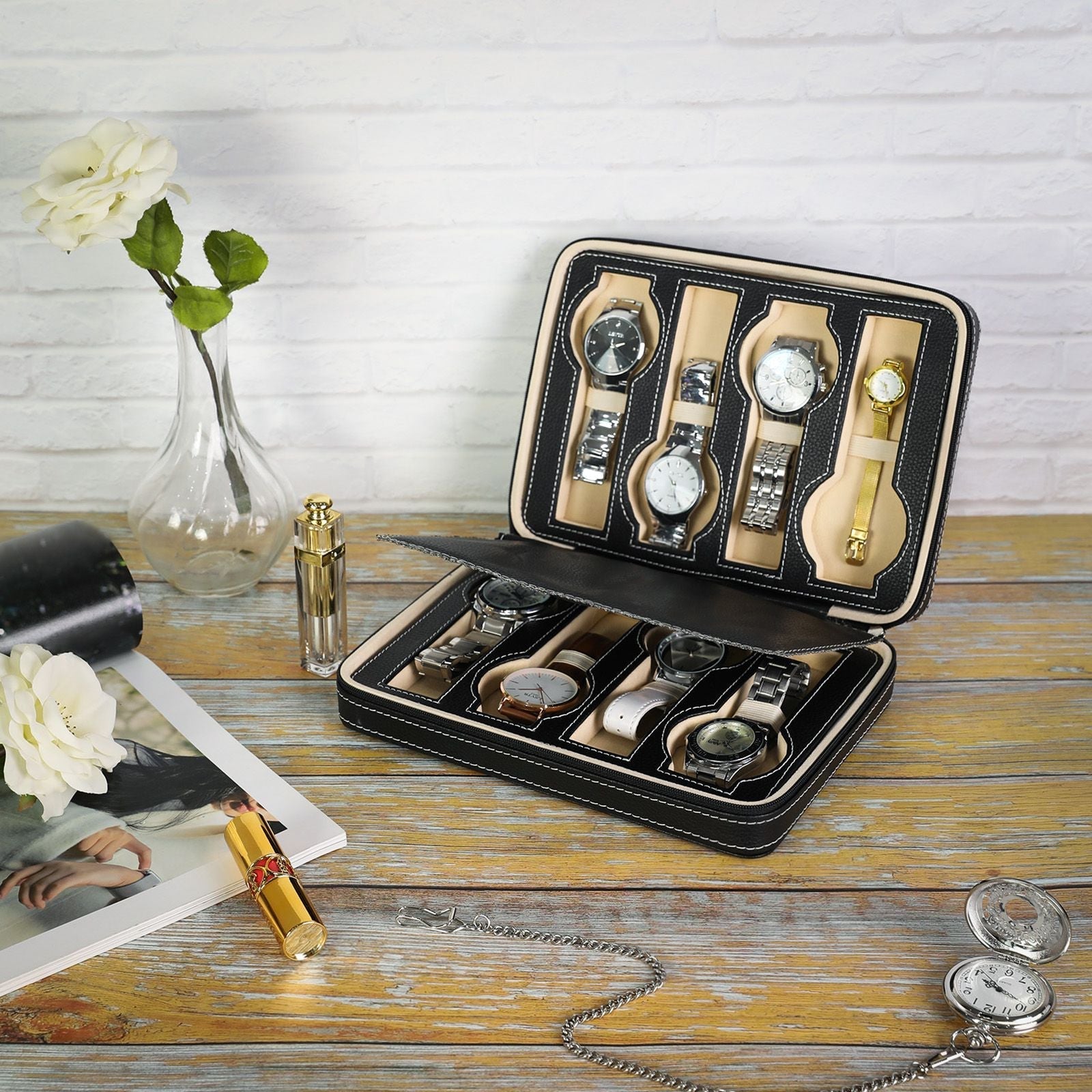 Portable Watch Travel Case - Zippered for 8 Watches - Fabric - Black
