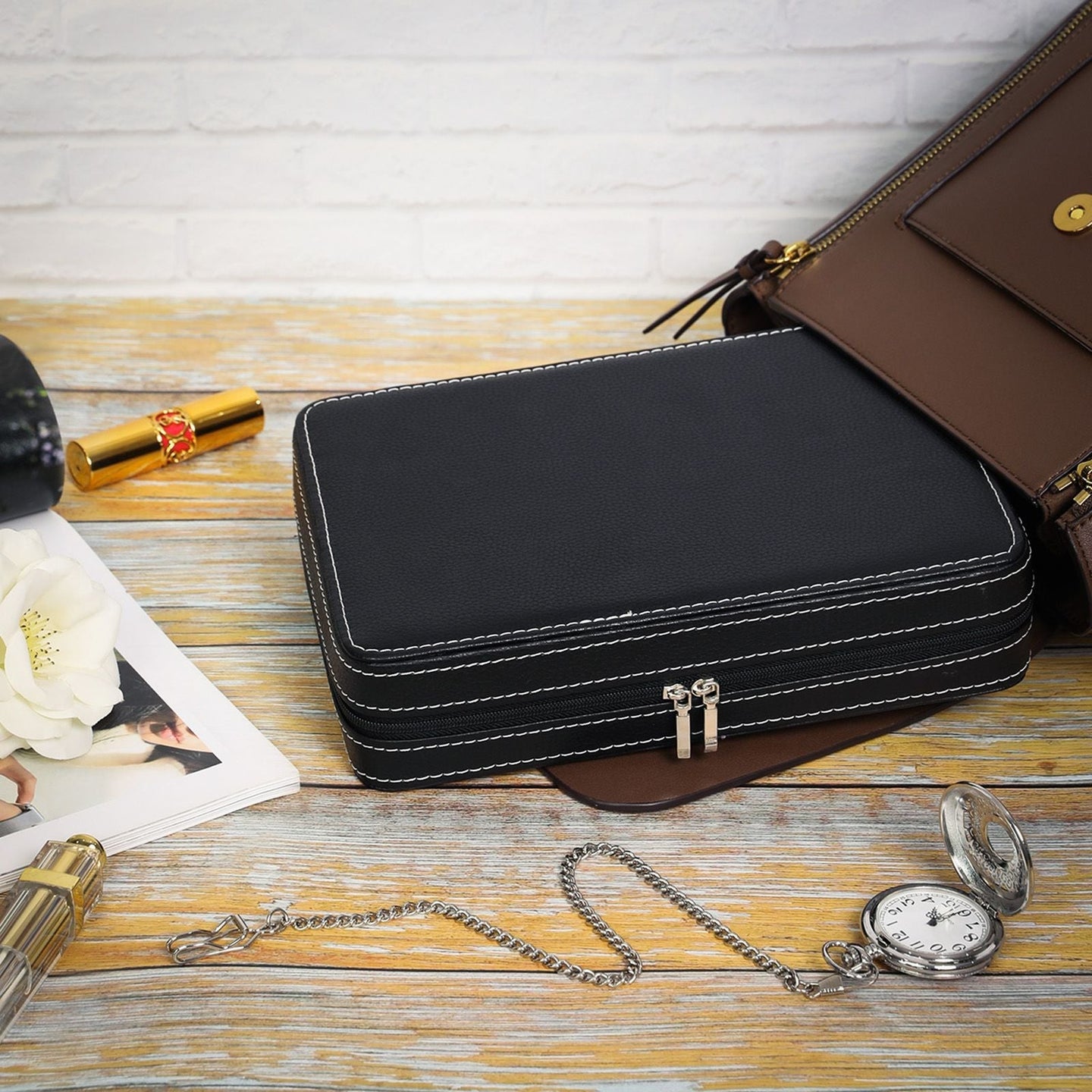 Portable Watch Travel Case - Zippered for 8 Watches - Fabric - Black