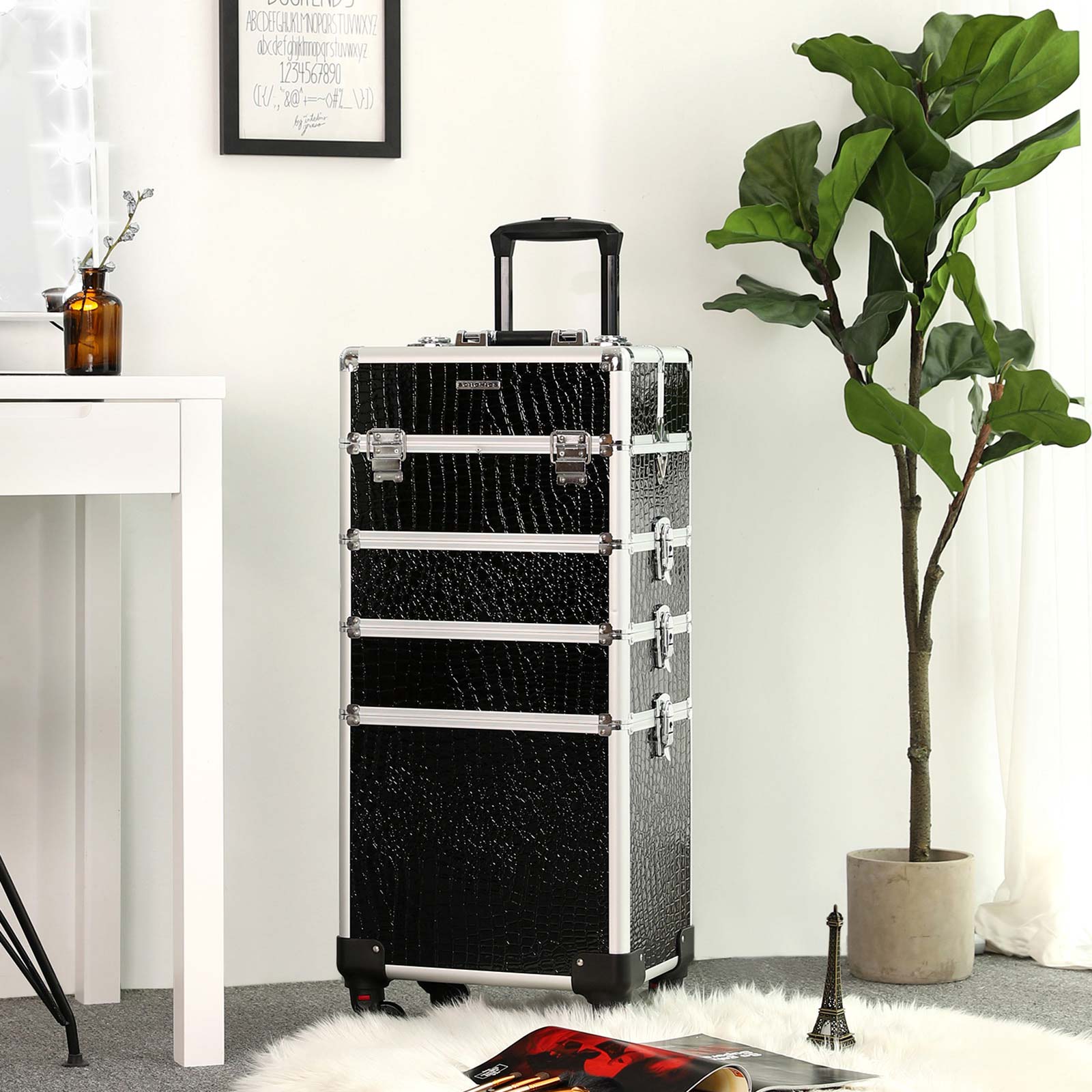 Professional Makeup Case - ABS - Black - 4-in-1 Design with Lockable Storage and Castors