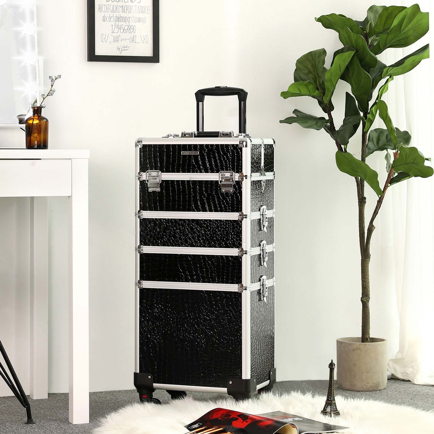 Professional Makeup Case - ABS - Black - 4-in-1 Design with Lockable Storage and Castors