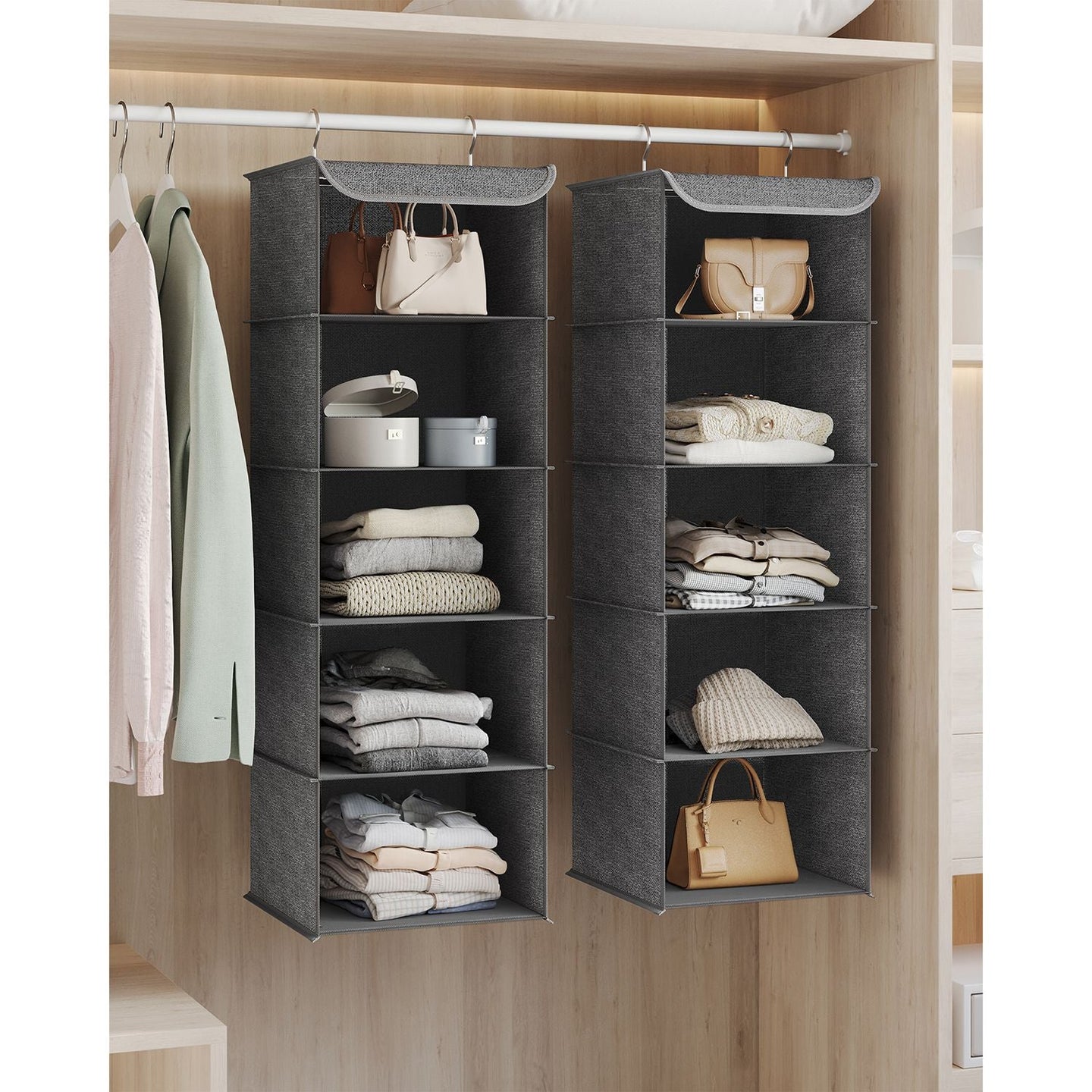 Set of 2 Hanging Wardrobe Storage Organisers - 6 Shelves with Clips - Fabric - Grey
