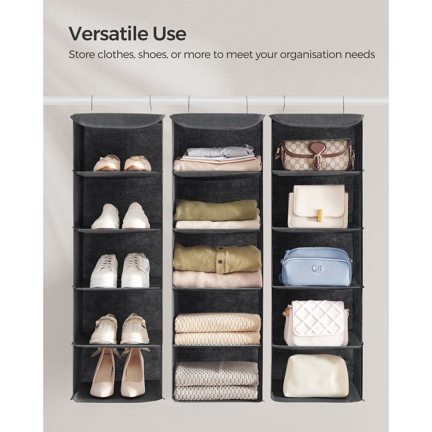 Set of 2 Hanging Wardrobe Storage Organisers - 6 Shelves with Clips - Fabric - Grey