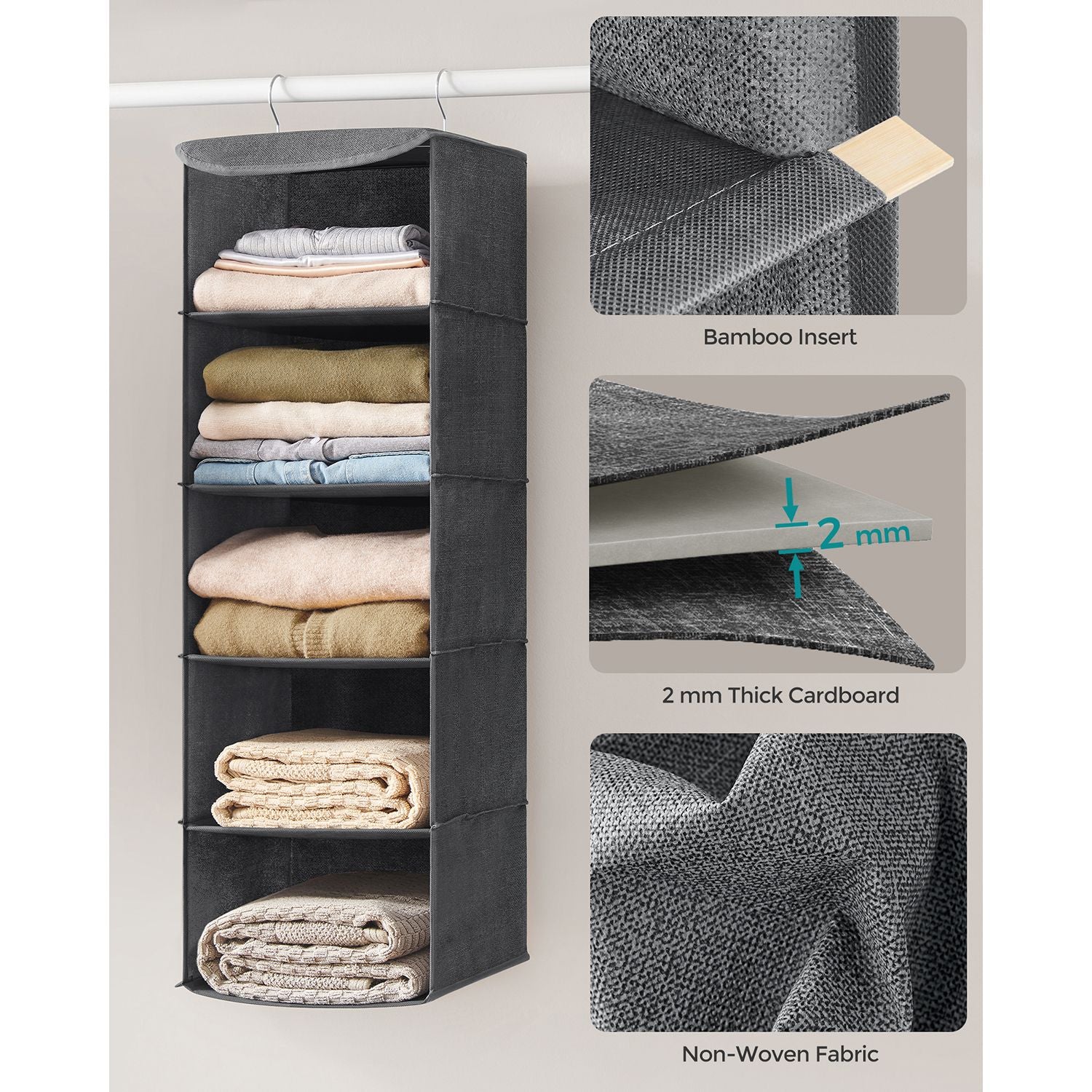 Set of 2 Hanging Wardrobe Storage Organisers - 6 Shelves with Clips - Fabric - Grey