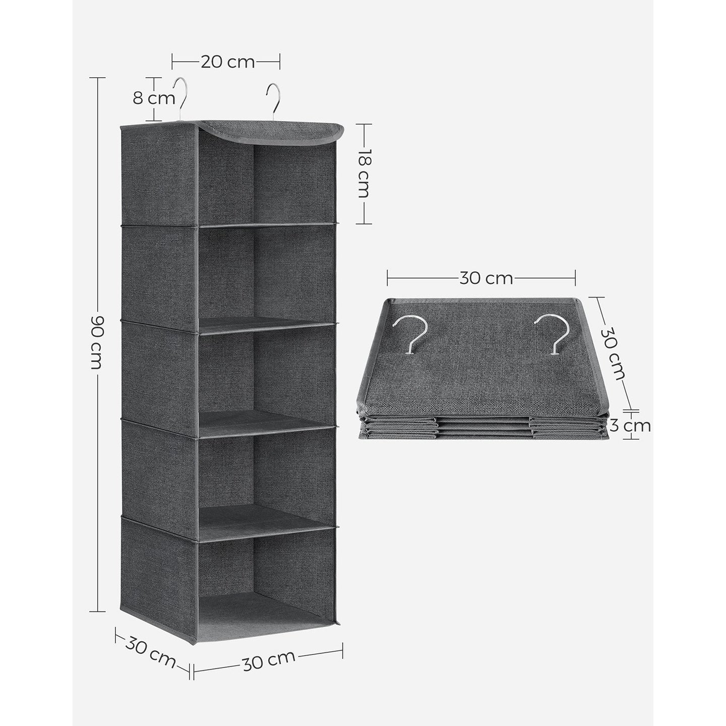 Set of 2 Hanging Wardrobe Storage Organisers - 6 Shelves with Clips - Fabric - Grey