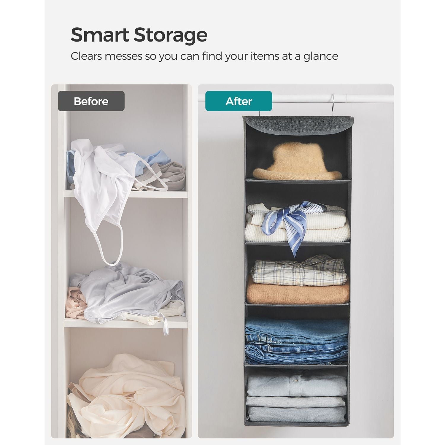 Set of 2 Hanging Wardrobe Storage Organisers - 6 Shelves with Clips - Fabric - Grey