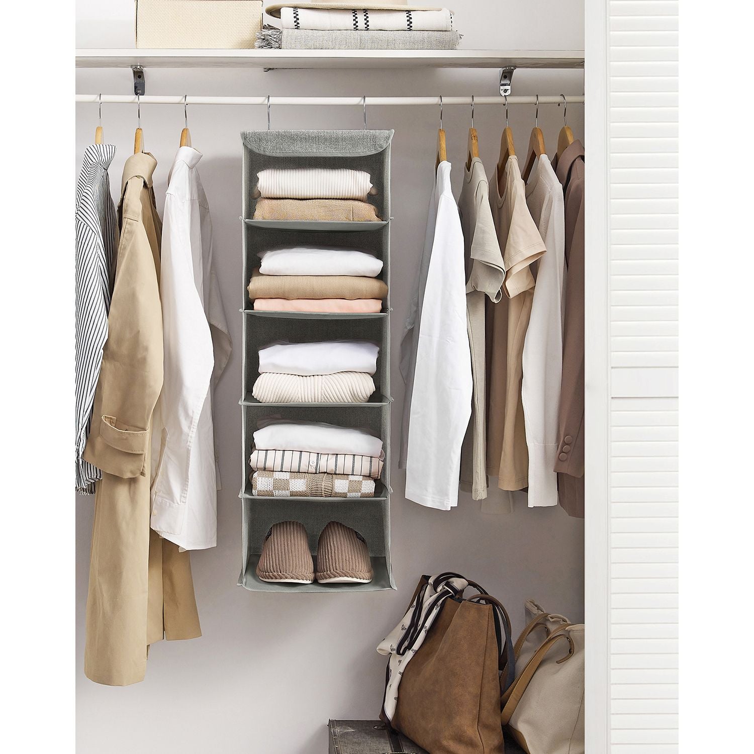 Hanging Storage Shelves - Fabric - Grey - 6-Tier Wardrobe Closet Organizer with Clips