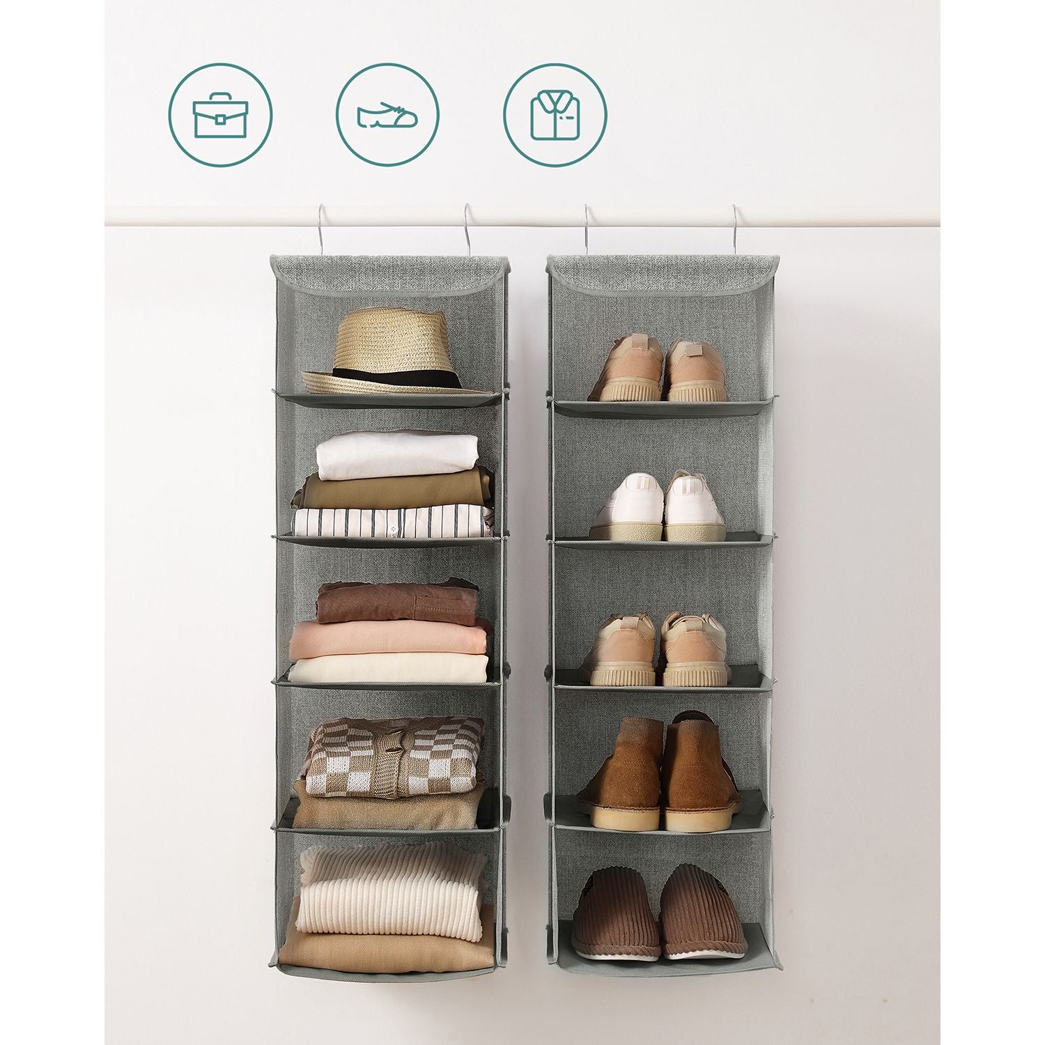 Hanging Storage Shelves - Fabric - Grey - 6-Tier Wardrobe Closet Organizer with Clips