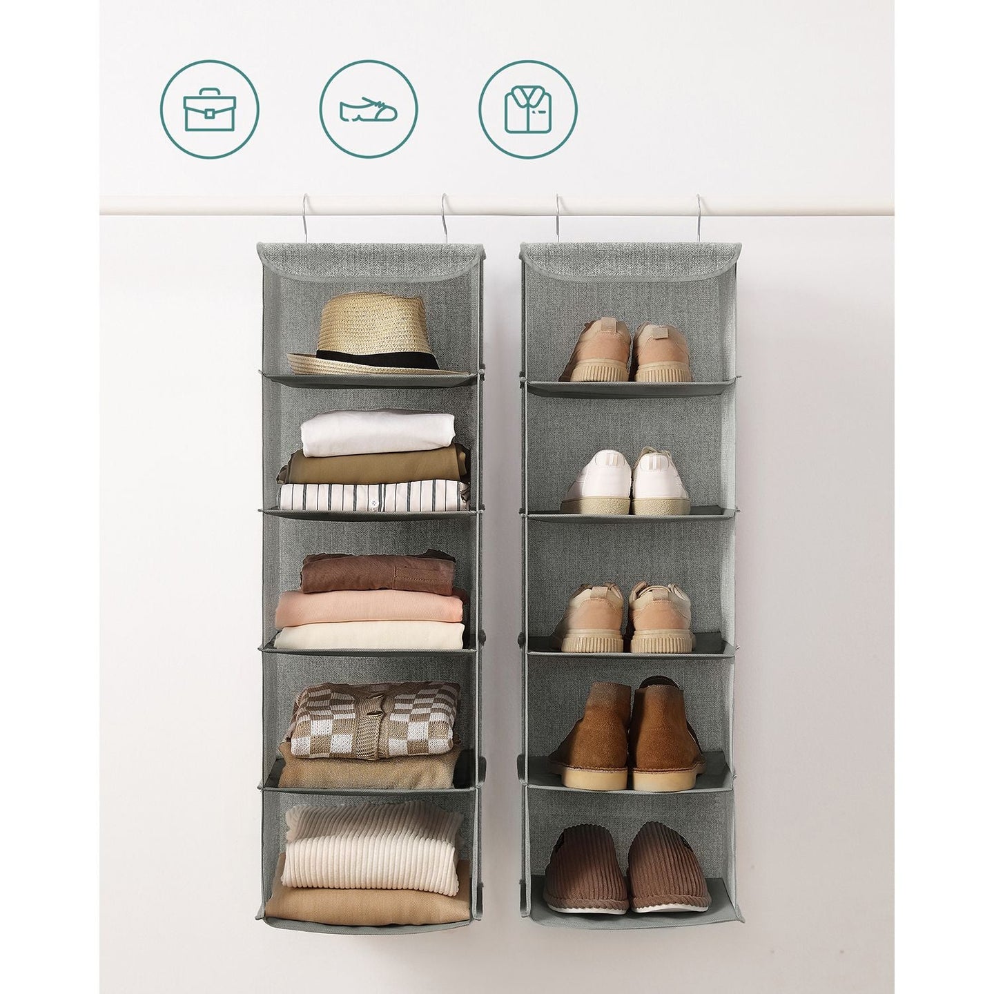 Hanging Storage Shelves - Fabric - Grey - 6-Tier Wardrobe Closet Organizer with Clips