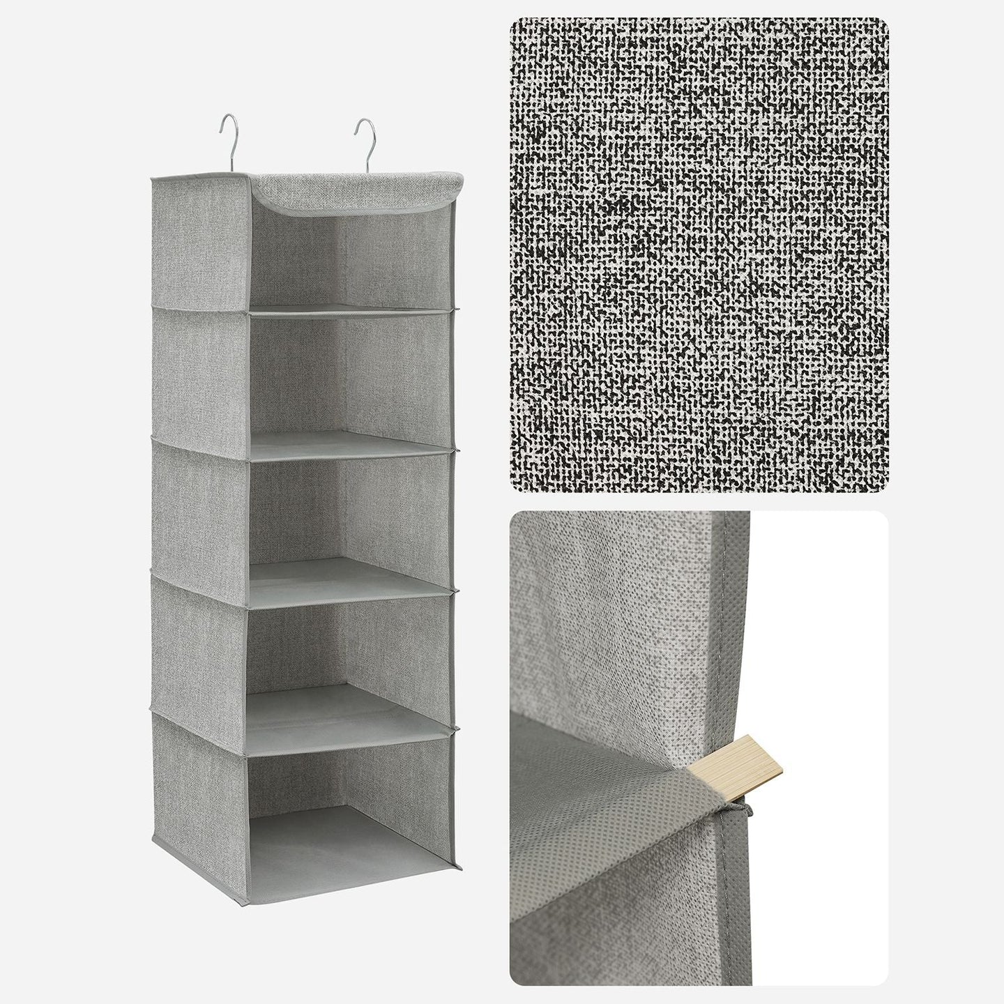 Hanging Storage Shelves - Fabric - Grey - 6-Tier Wardrobe Closet Organizer with Clips