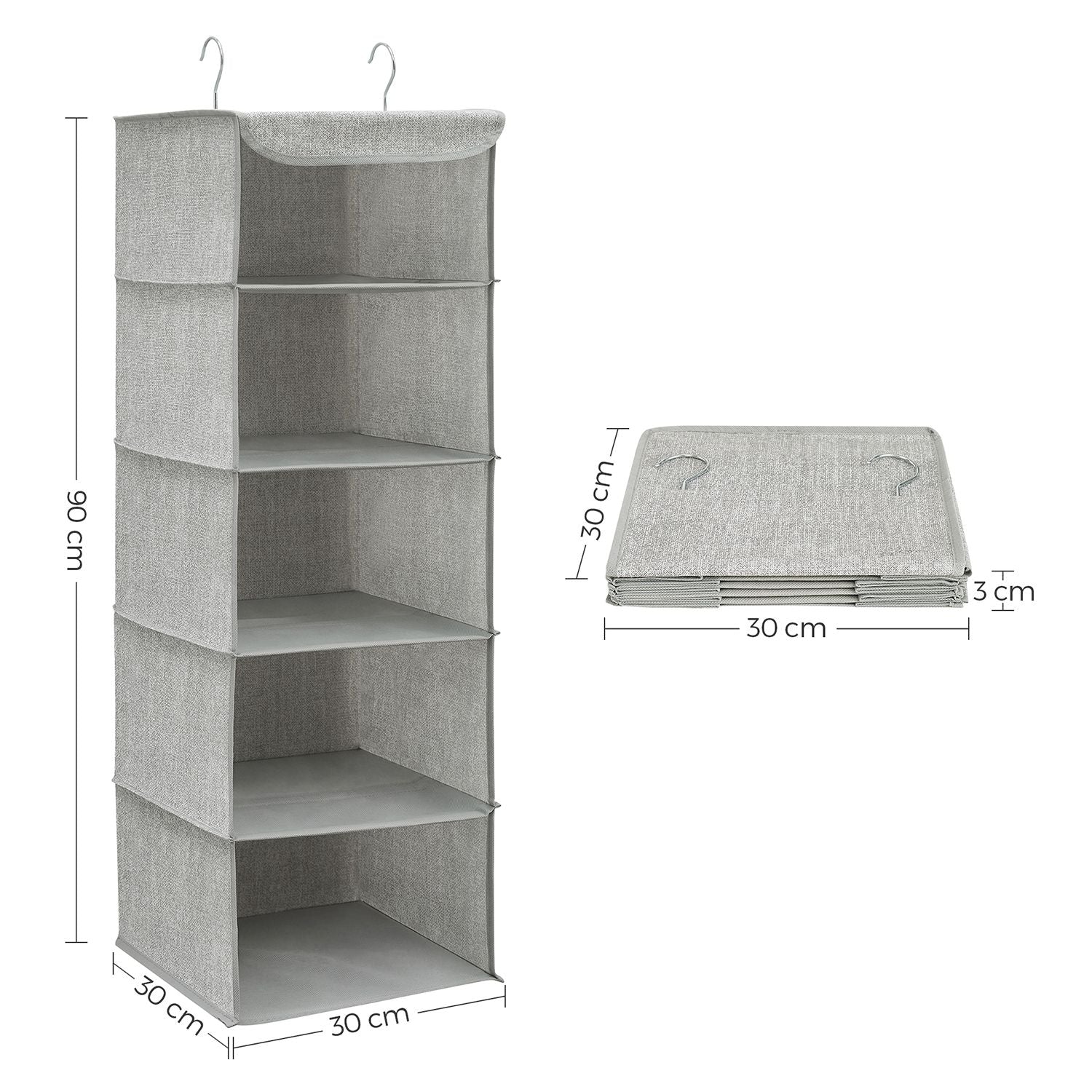 Hanging Storage Shelves - Fabric - Grey - 6-Tier Wardrobe Closet Organizer with Clips