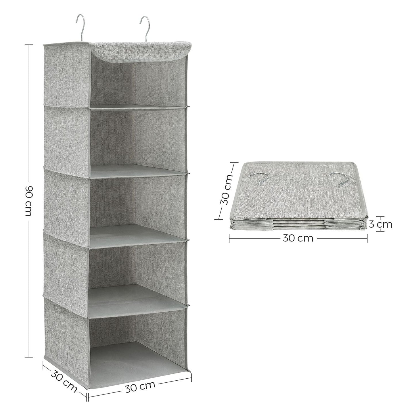Hanging Storage Shelves - Fabric - Grey - 6-Tier Wardrobe Closet Organizer with Clips