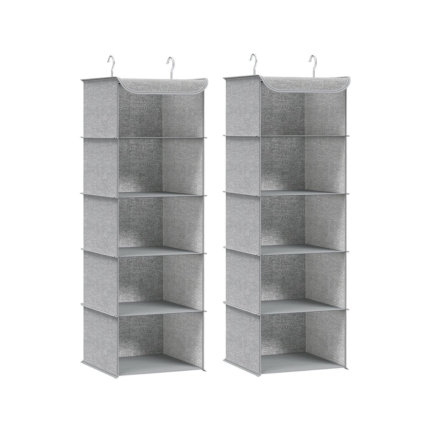 Hanging Wardrobe Storage Organisers - Fabric - Light Grey - Set of 2 with 6 Shelves and Clips