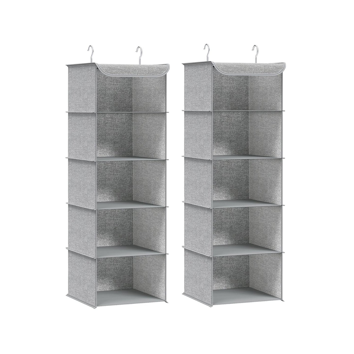 Hanging Wardrobe Storage Organisers - Fabric - Light Grey - Set of 2 with 6 Shelves and Clips
