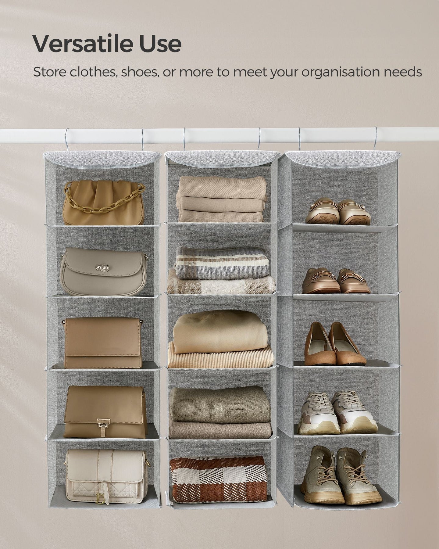 Hanging Wardrobe Storage Organisers - Fabric - Light Grey - Set of 2 with 6 Shelves and Clips