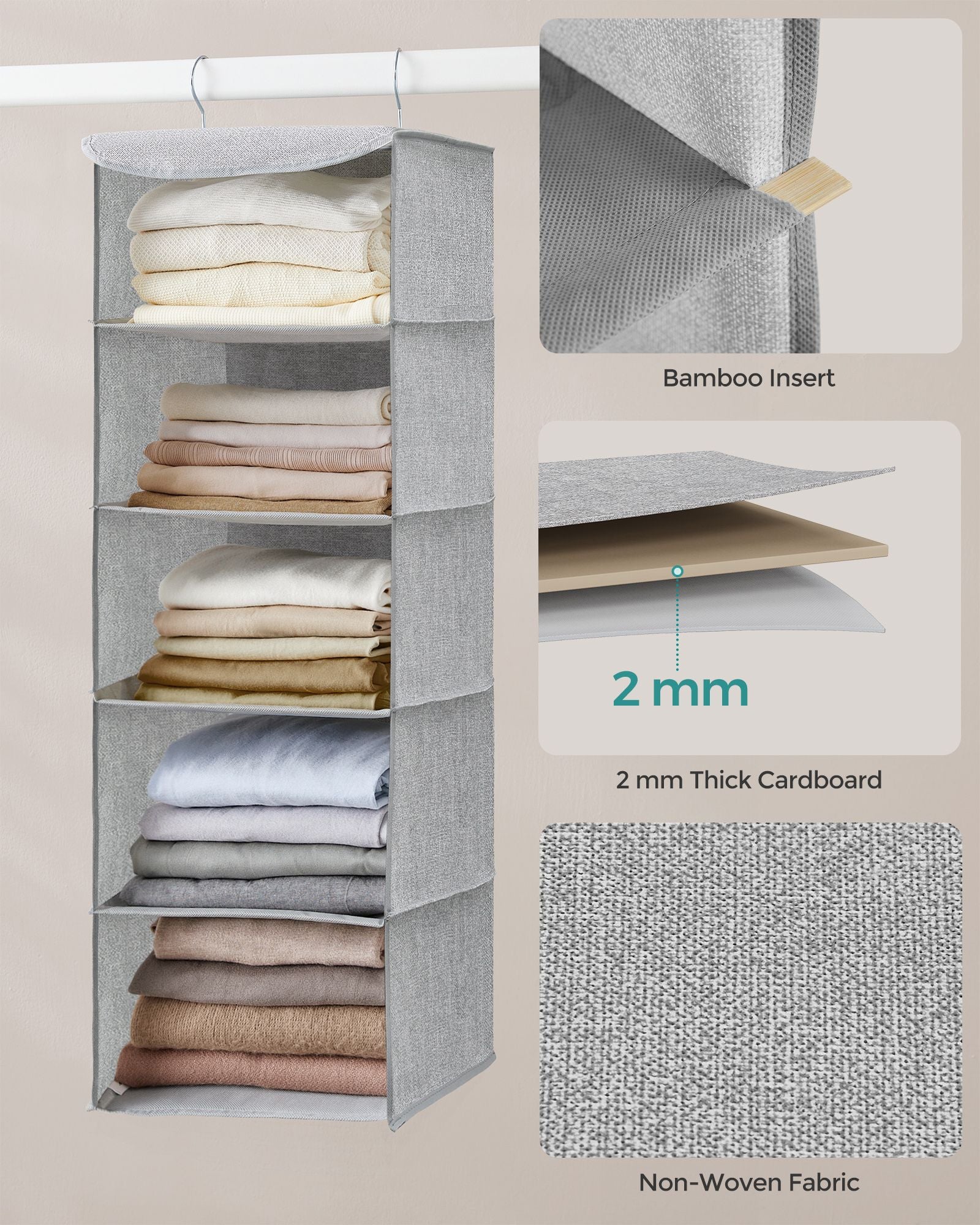 Hanging Wardrobe Storage Organisers - Fabric - Light Grey - Set of 2 with 6 Shelves and Clips