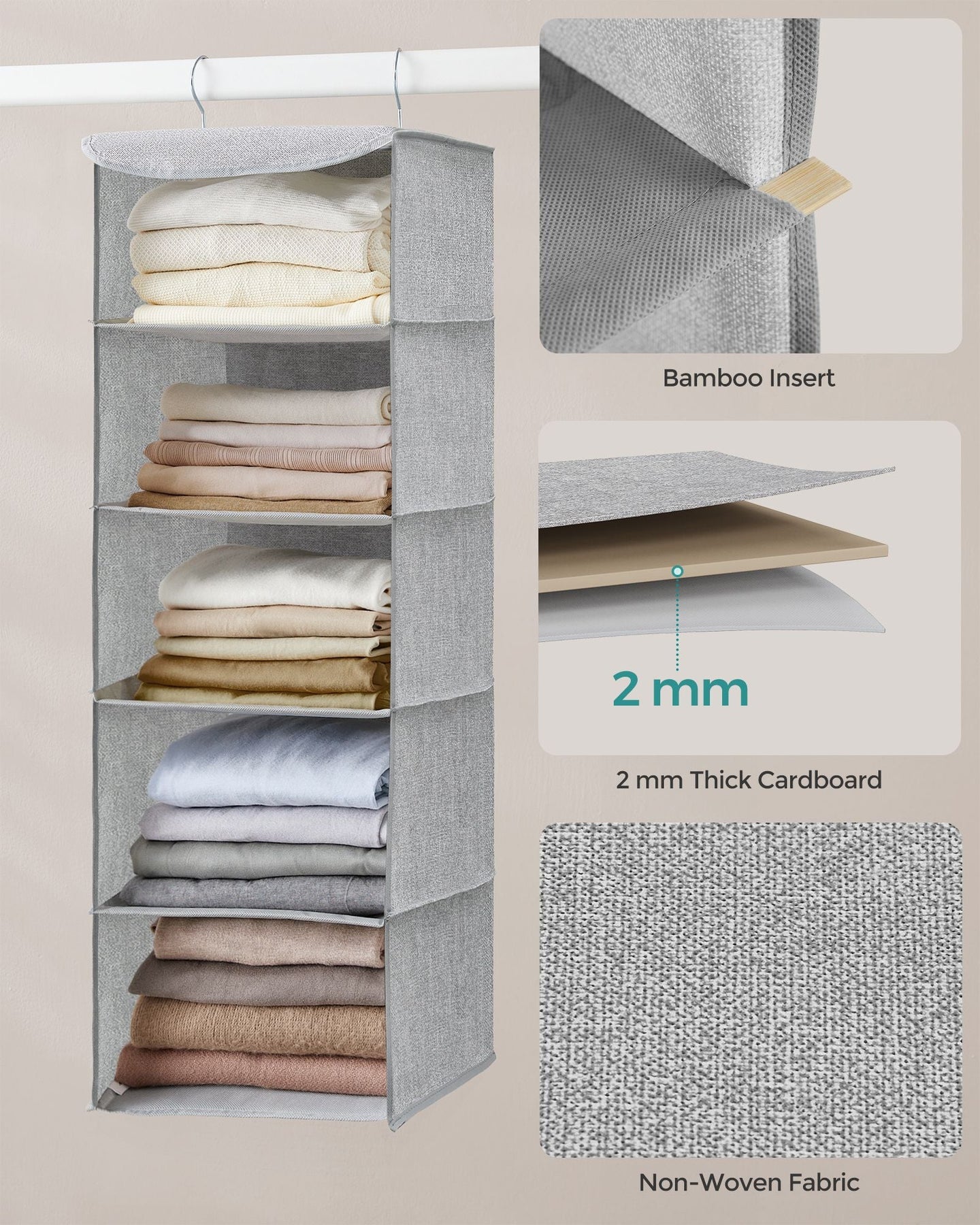 Hanging Wardrobe Storage Organisers - Fabric - Light Grey - Set of 2 with 6 Shelves and Clips