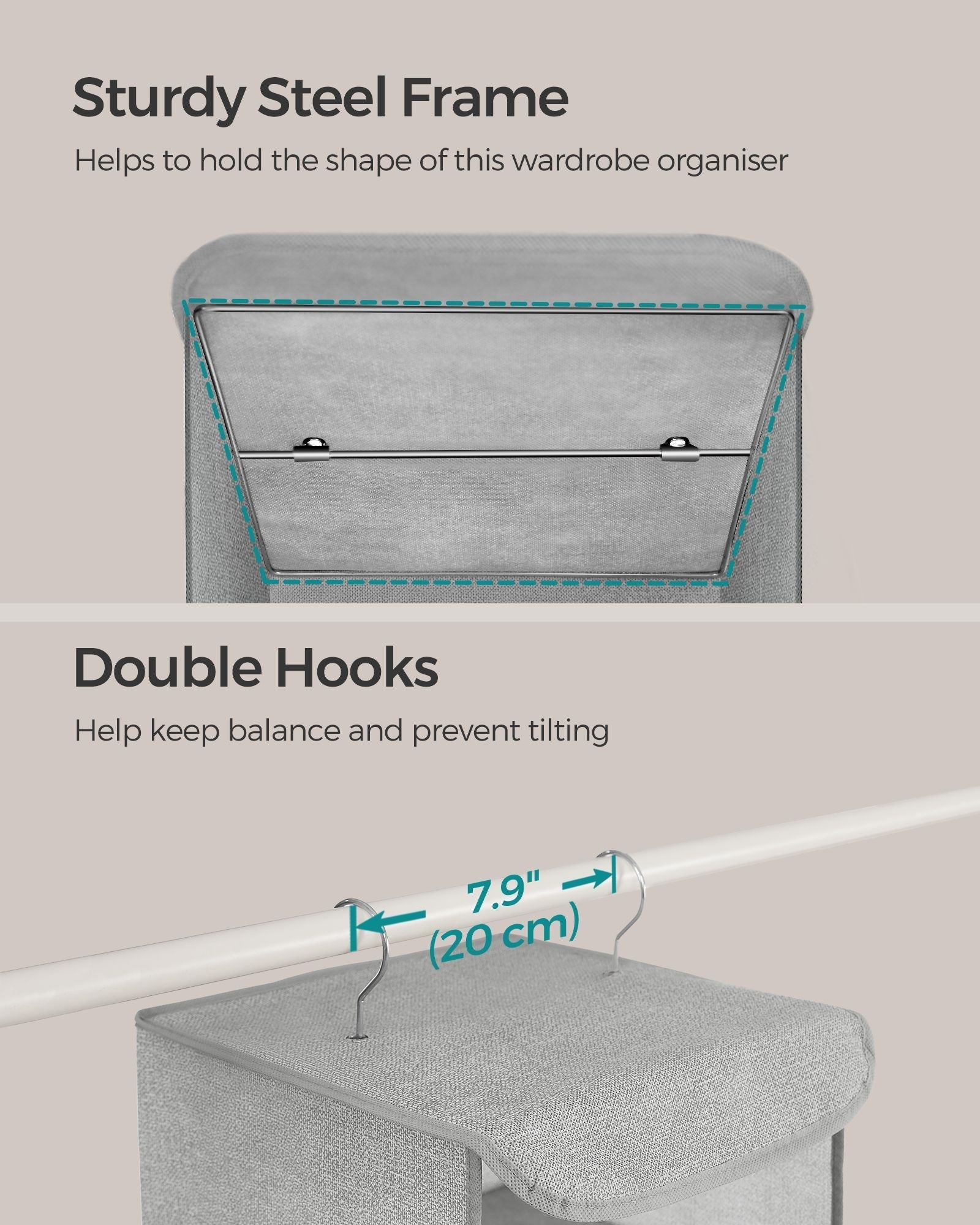 Hanging Wardrobe Storage Organisers - Fabric - Light Grey - Set of 2 with 6 Shelves and Clips