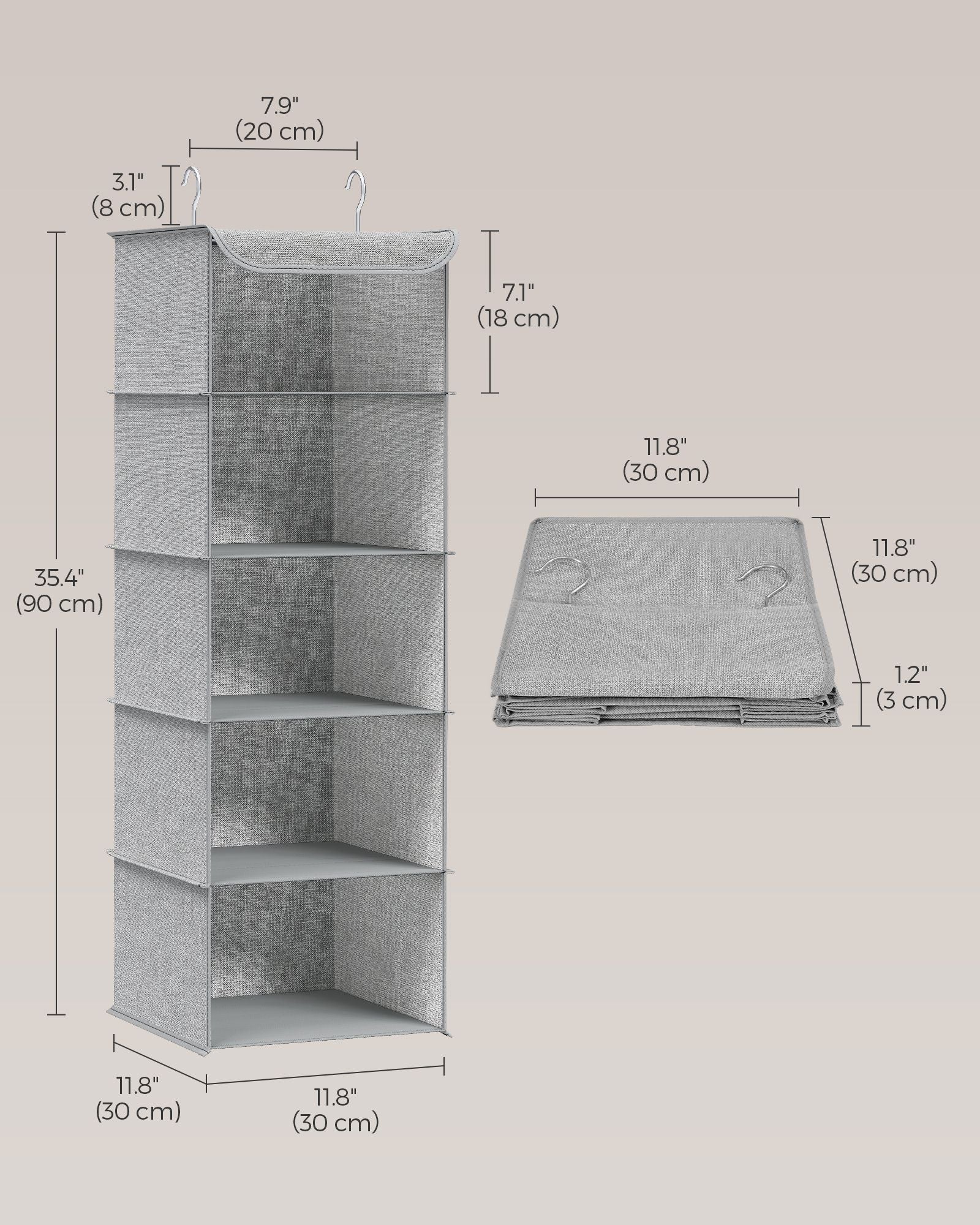 Hanging Wardrobe Storage Organisers - Fabric - Light Grey - Set of 2 with 6 Shelves and Clips