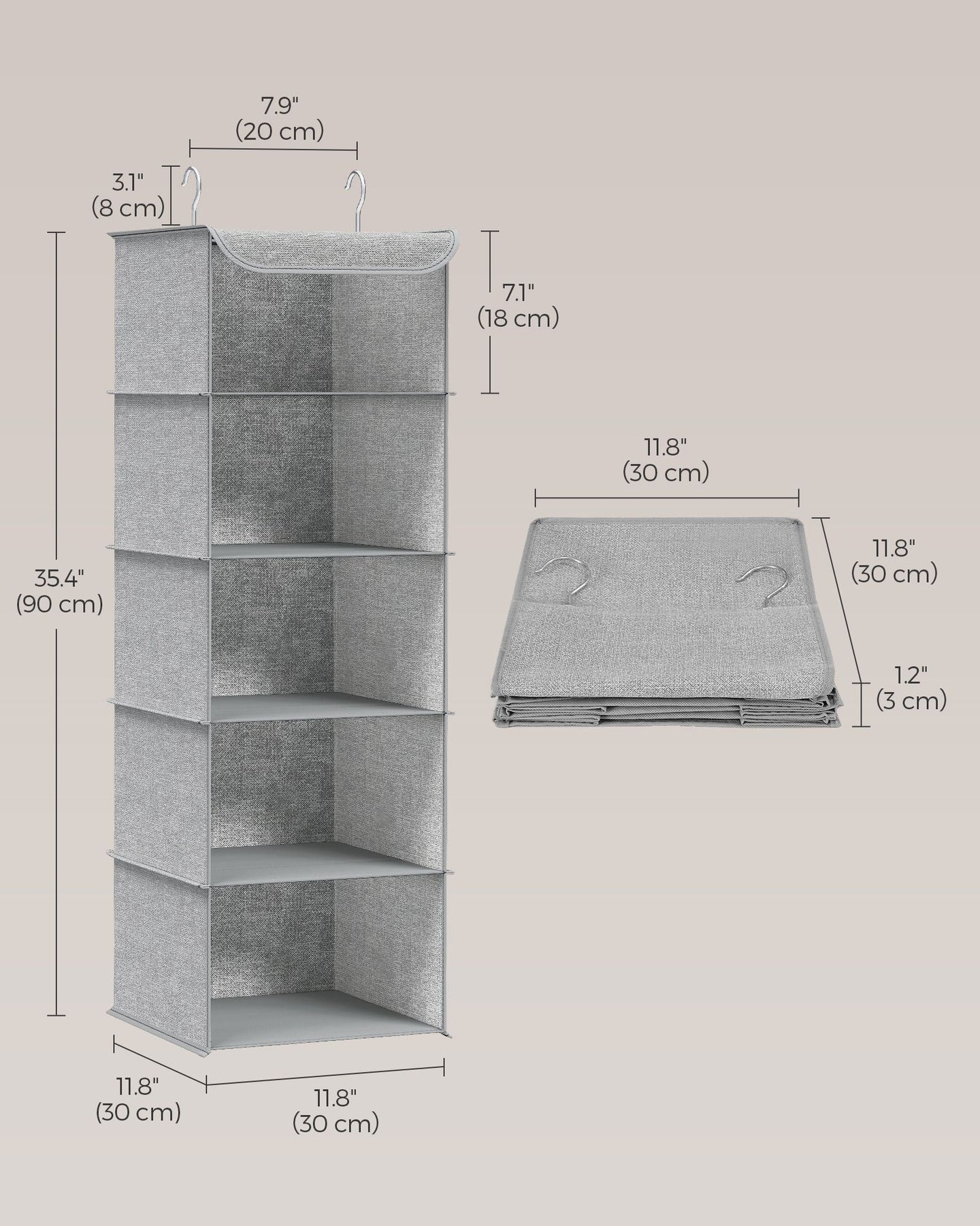 Hanging Wardrobe Storage Organisers - Fabric - Light Grey - Set of 2 with 6 Shelves and Clips
