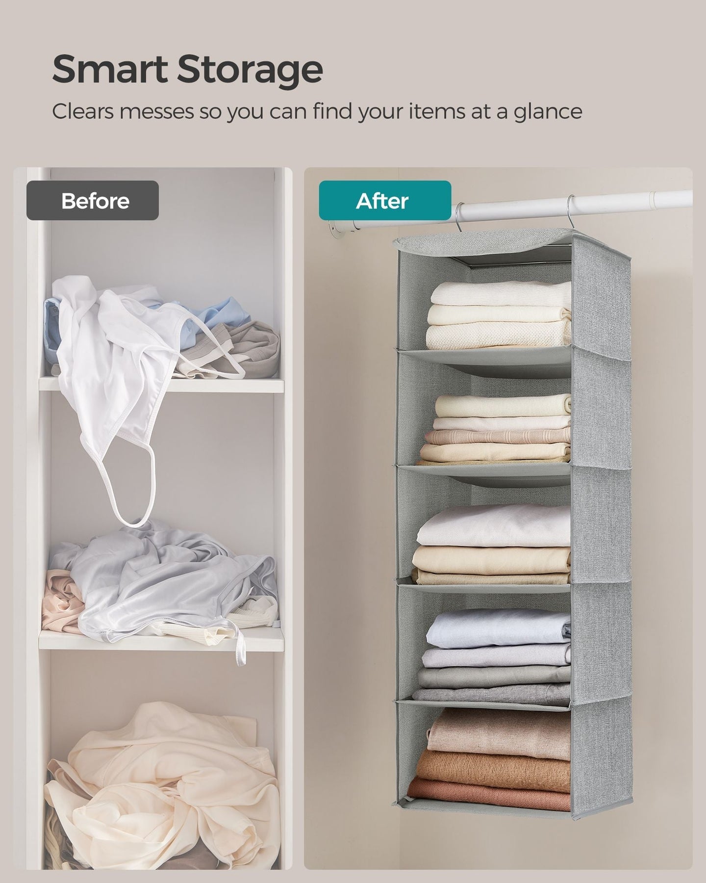 Hanging Wardrobe Storage Organisers - Fabric - Light Grey - Set of 2 with 6 Shelves and Clips
