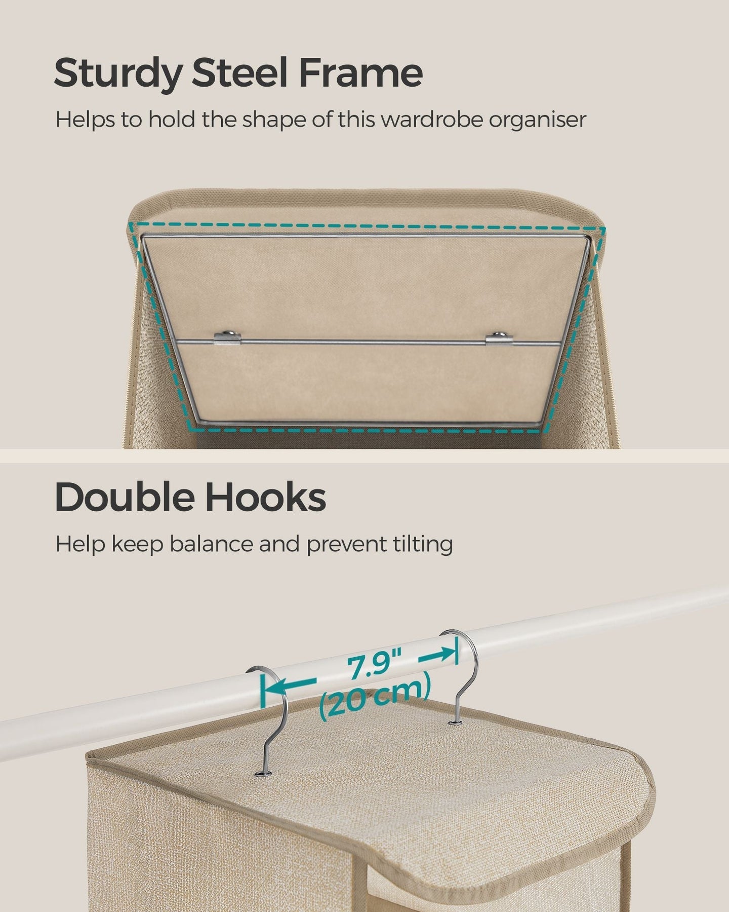 Hanging Wardrobe Storage Organiser - 6 Shelves with Clips - Fabric - Sand Beige